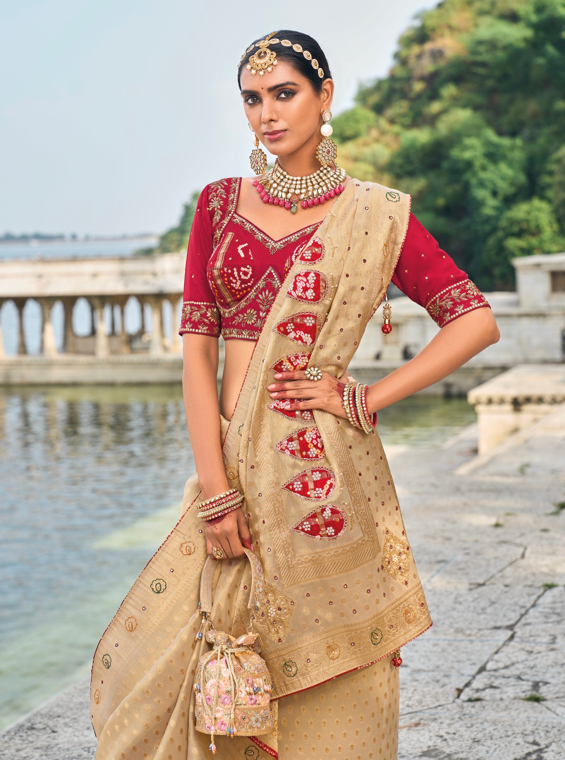 Chiku Pure Kanjivaram Silk Saree with Jardoshi, &amp; Moti Heavy Work
