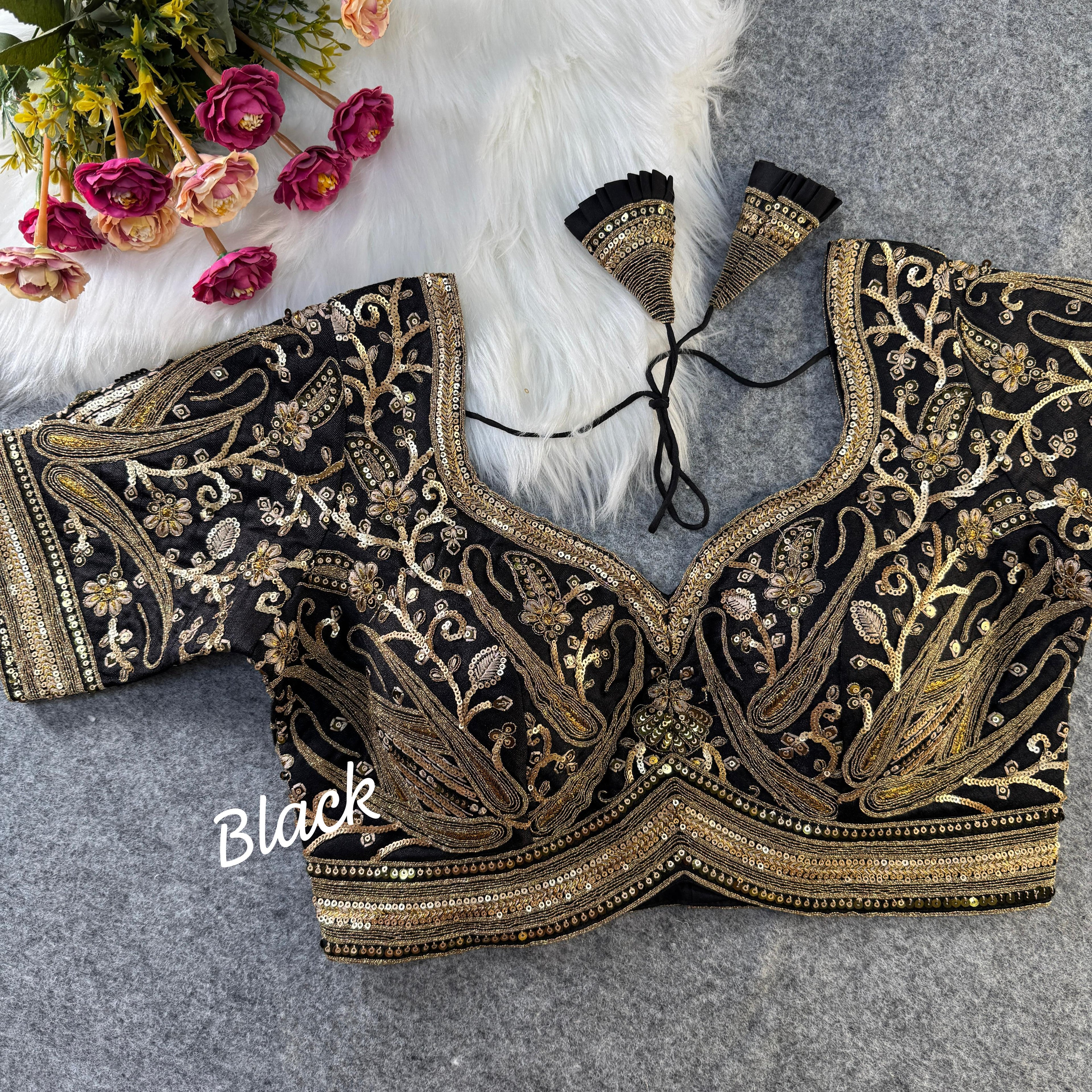 Black Bridal Designer Silk Blouse &amp; Heavy Golden Embroidery &amp; Sequins