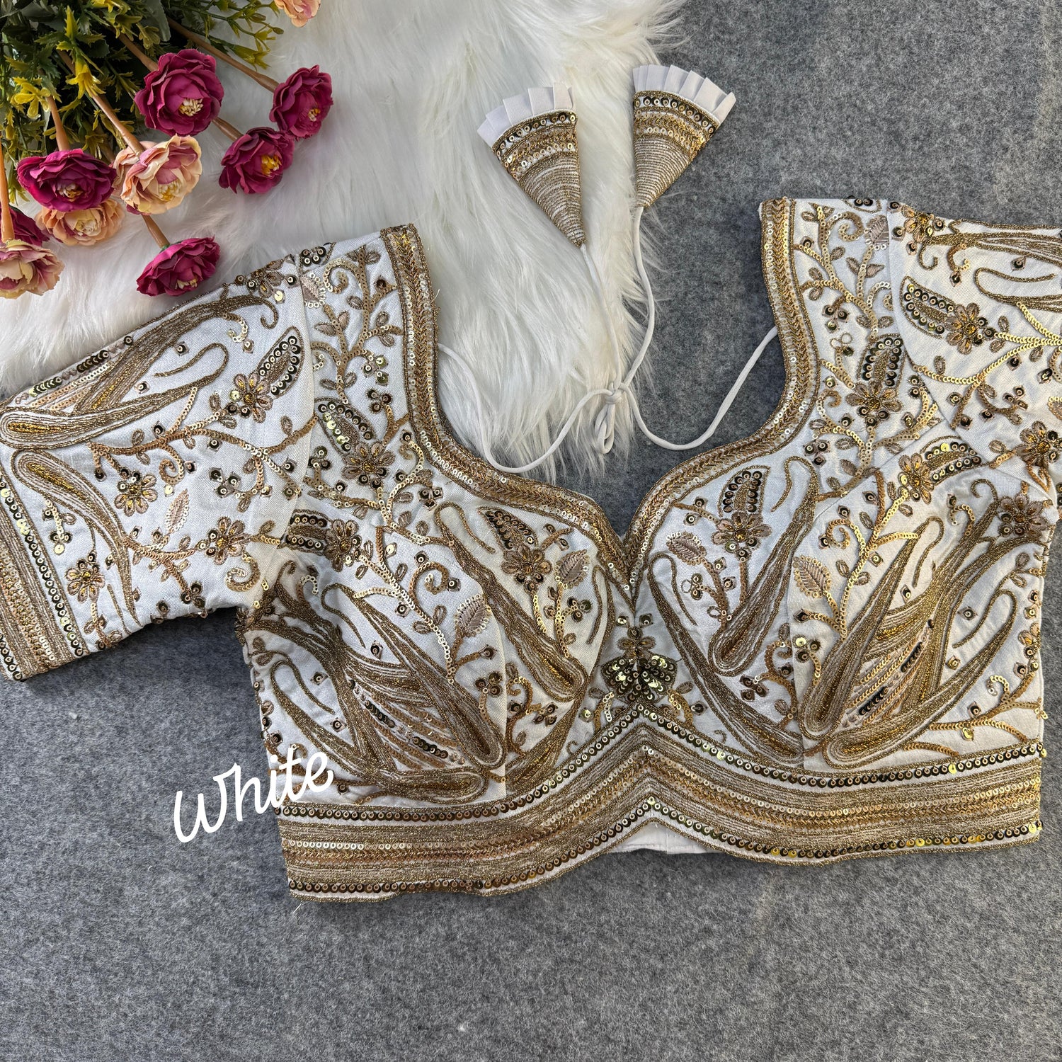 White Wedding Silk Blouse with Heavy Gold Embroidery &amp; Padded Design