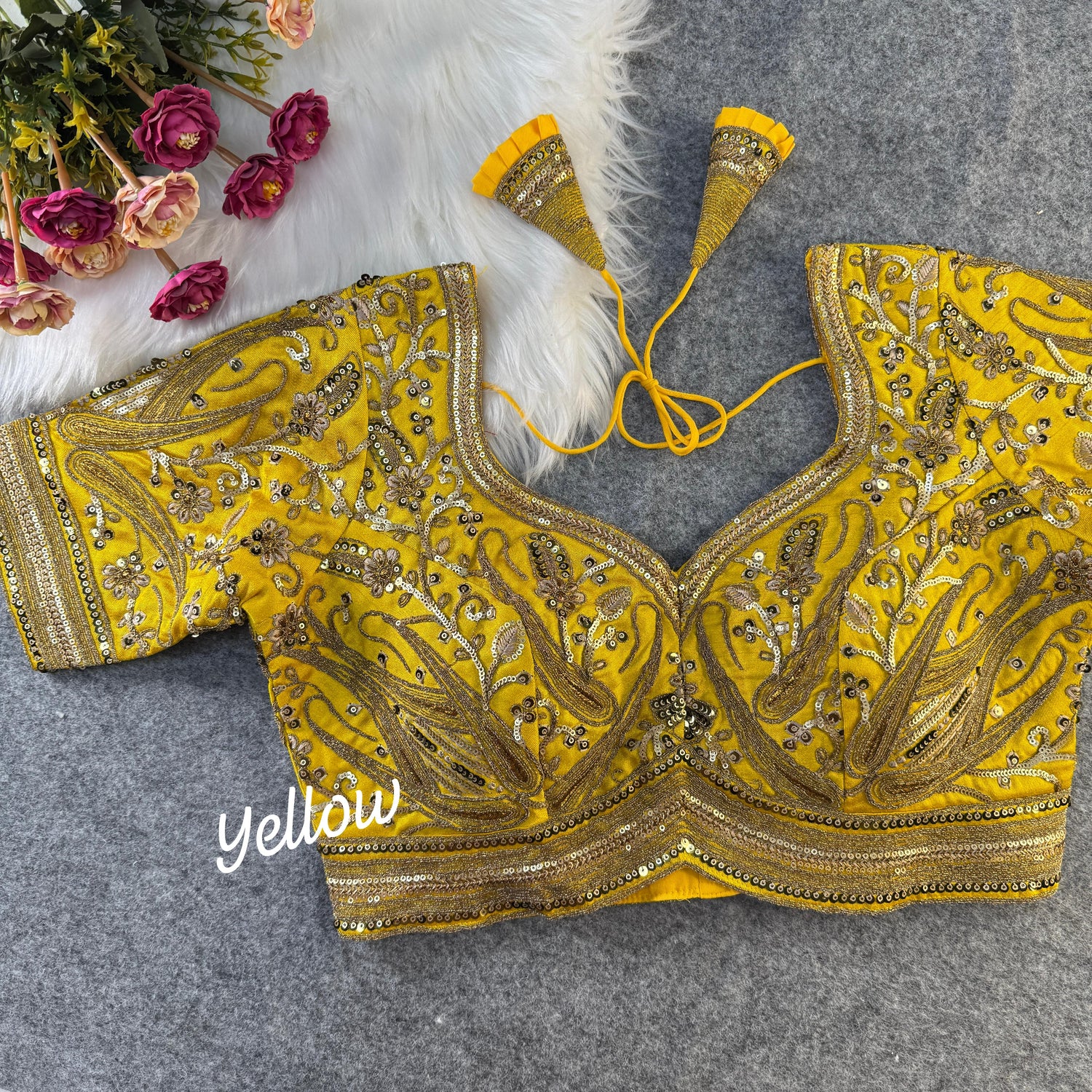 Yellow Bridal Designer Silk Blouse with Golden Embroidery &amp; Sequins