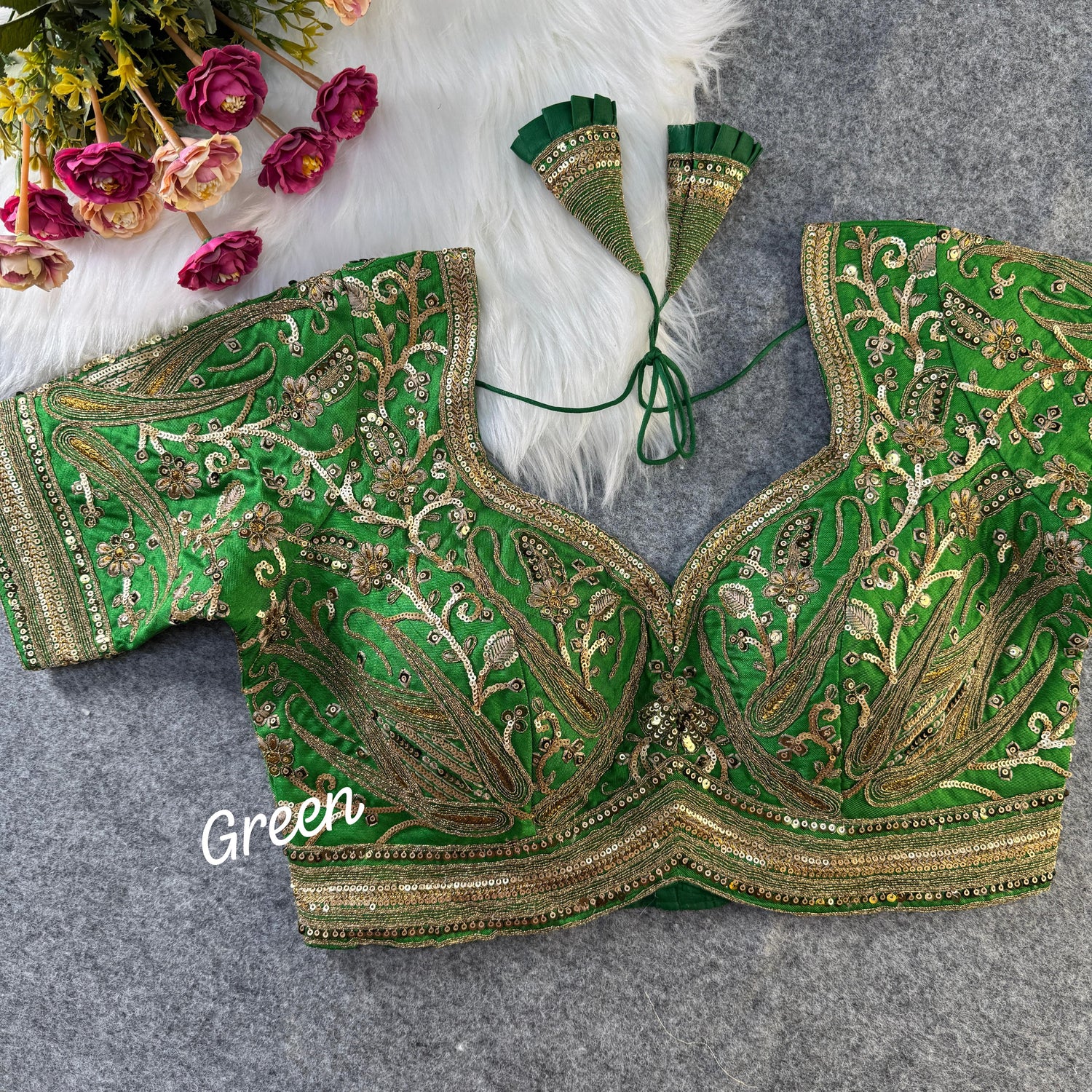 Green Bridal Silk Blouse with Golden Embroidery &amp; Sequence Work