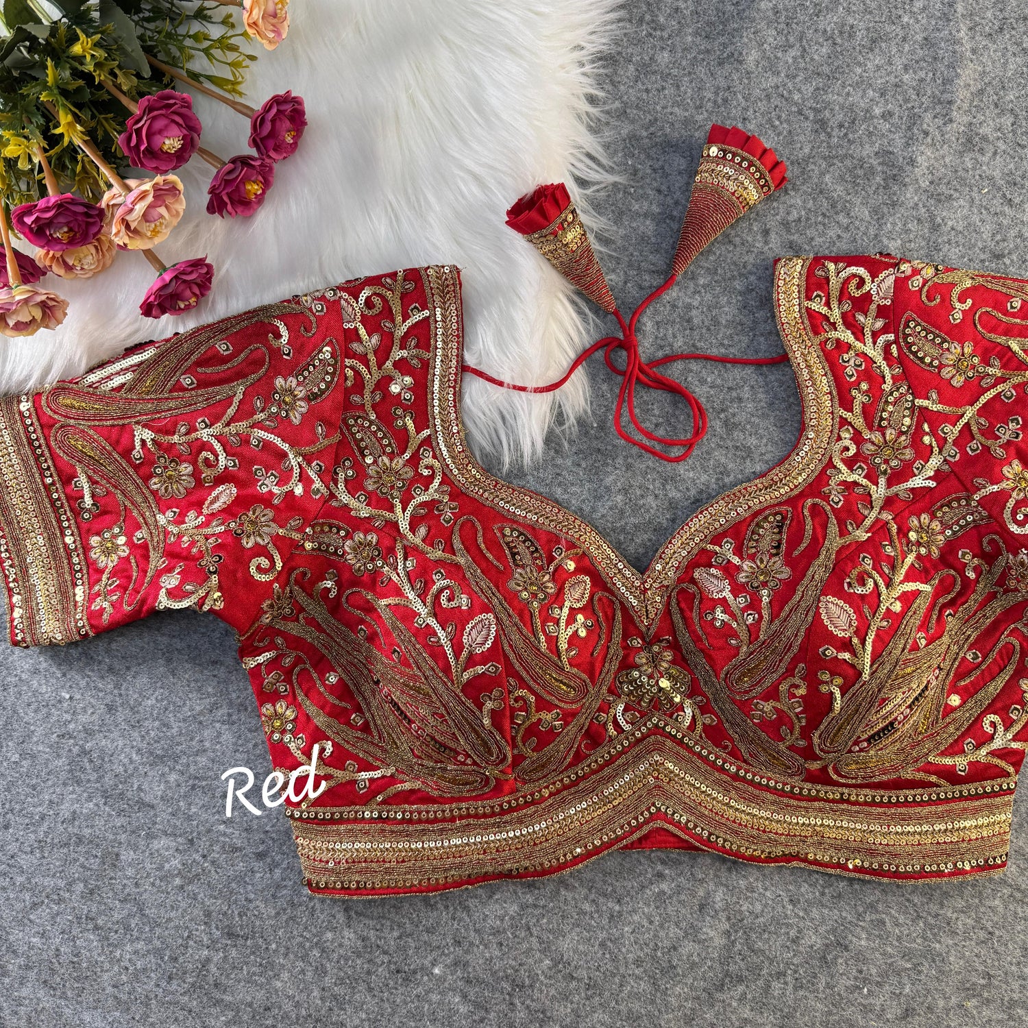 Deep Red Bridal Blouse with Golden Embroidery &amp; Heavy Padded Fit