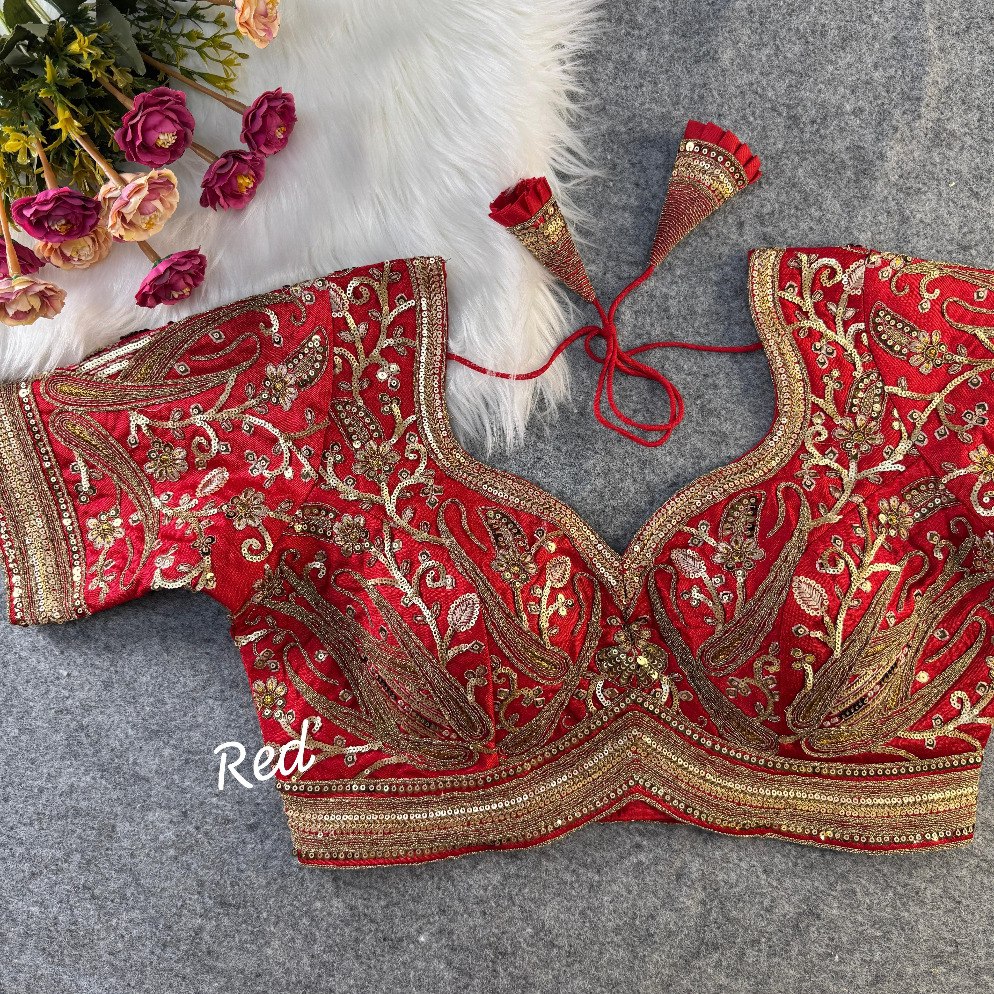 Deep Red Bridal Blouse with Golden Embroidery &amp; Heavy Padded Fit
