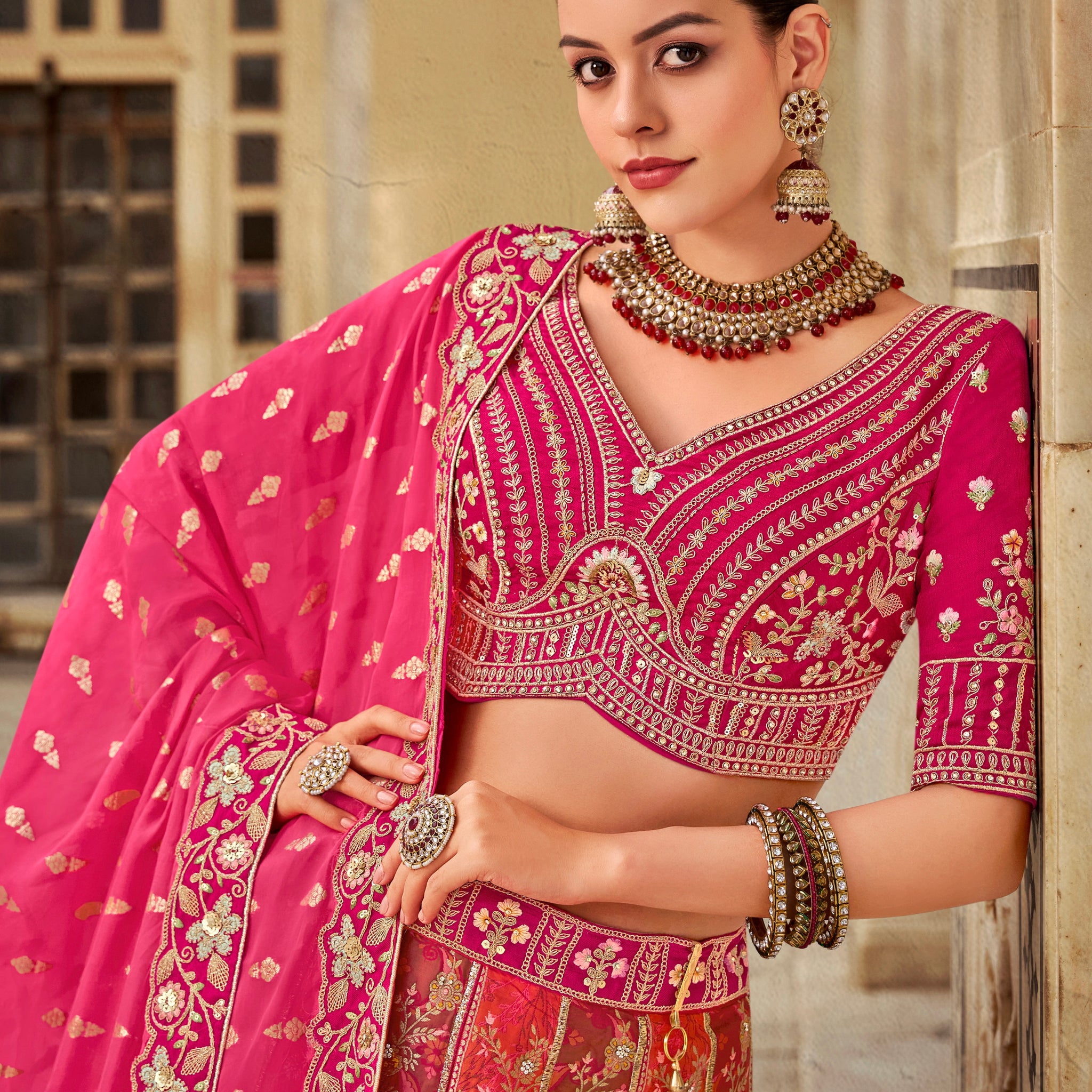 Pink Banarasi Silk Lehenga with Zarkan Embroidery