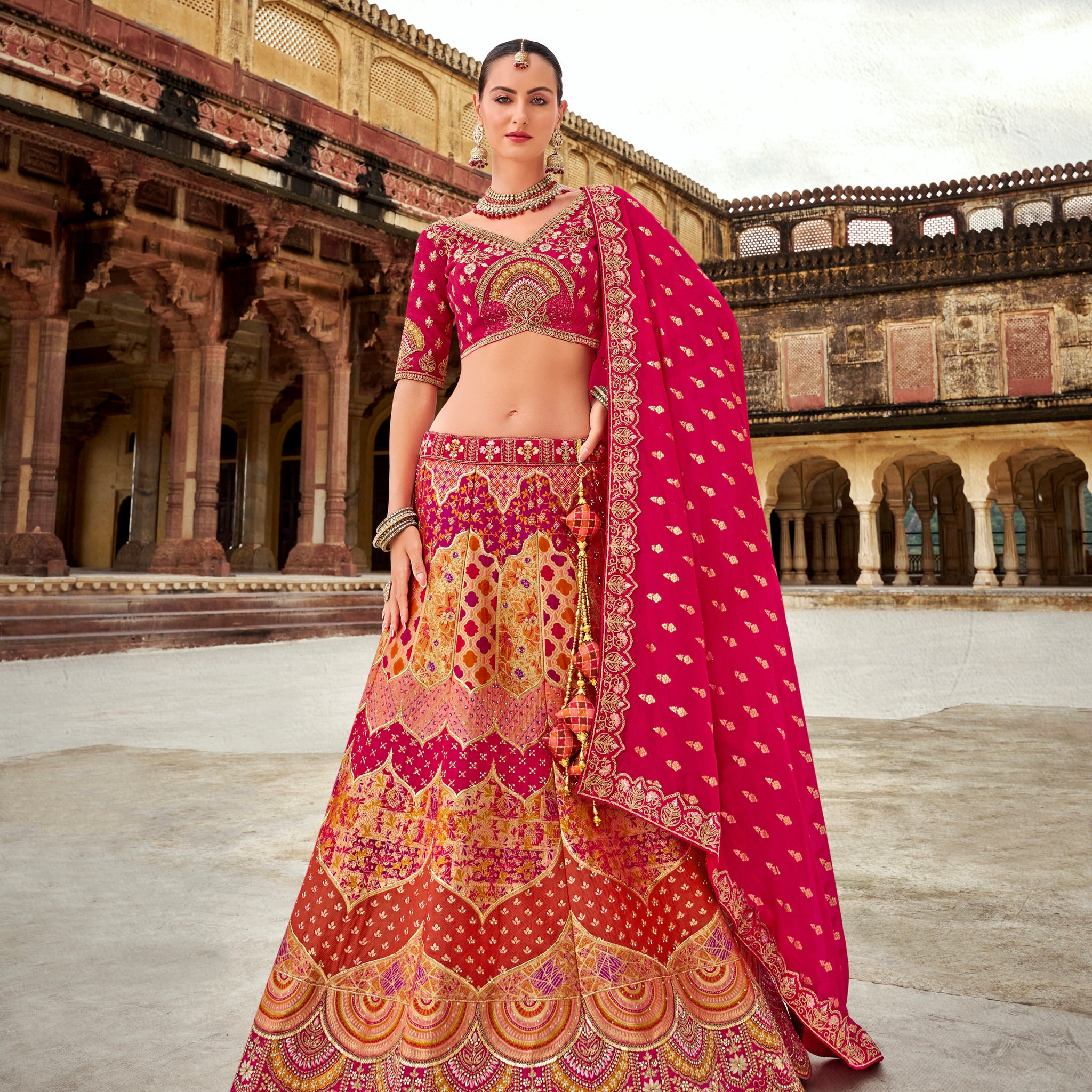 Red Banarasi Silk Lehenga with Heavy Zarkan Work