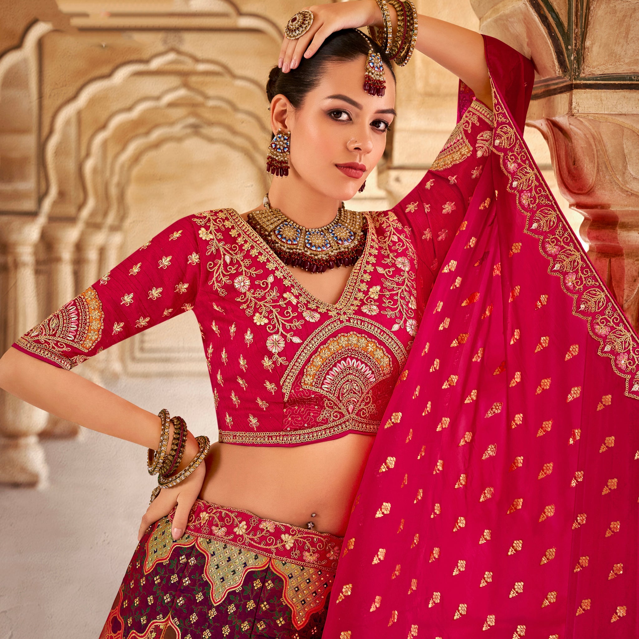 Multicolor Banarasi Silk Lehenga with Zarkan Sequins Work