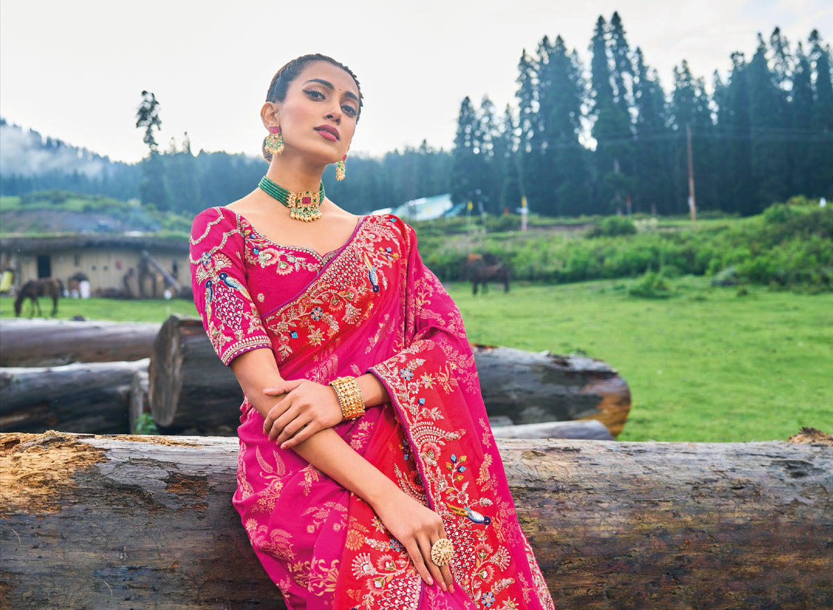 Pink Dola Silk Saree with Heavy Khatli Embroidery
