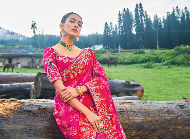 Pink Dola Silk Saree with Heavy Khatli Embroidery