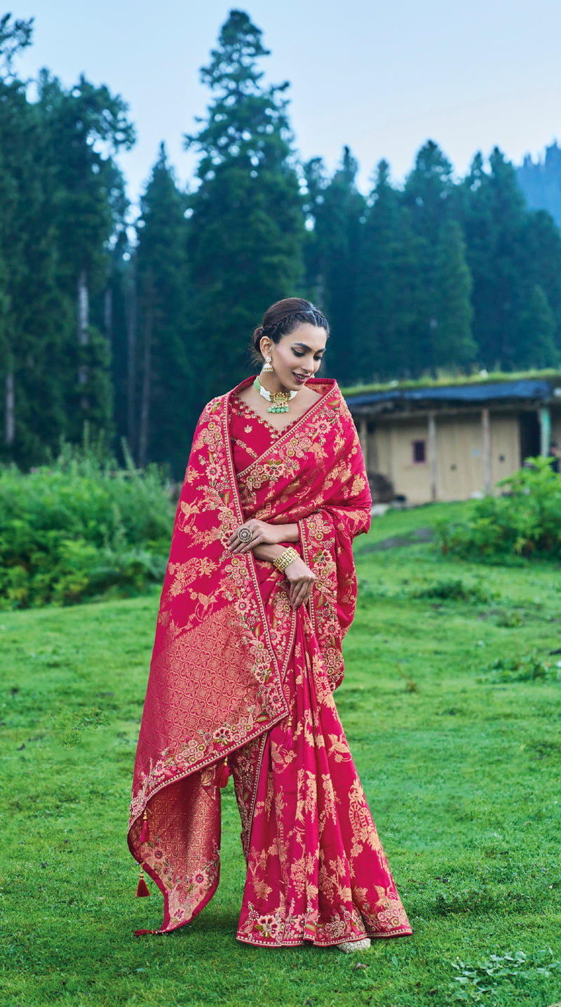 Red Dola Silk Saree with Intricate Khatli Embroidery