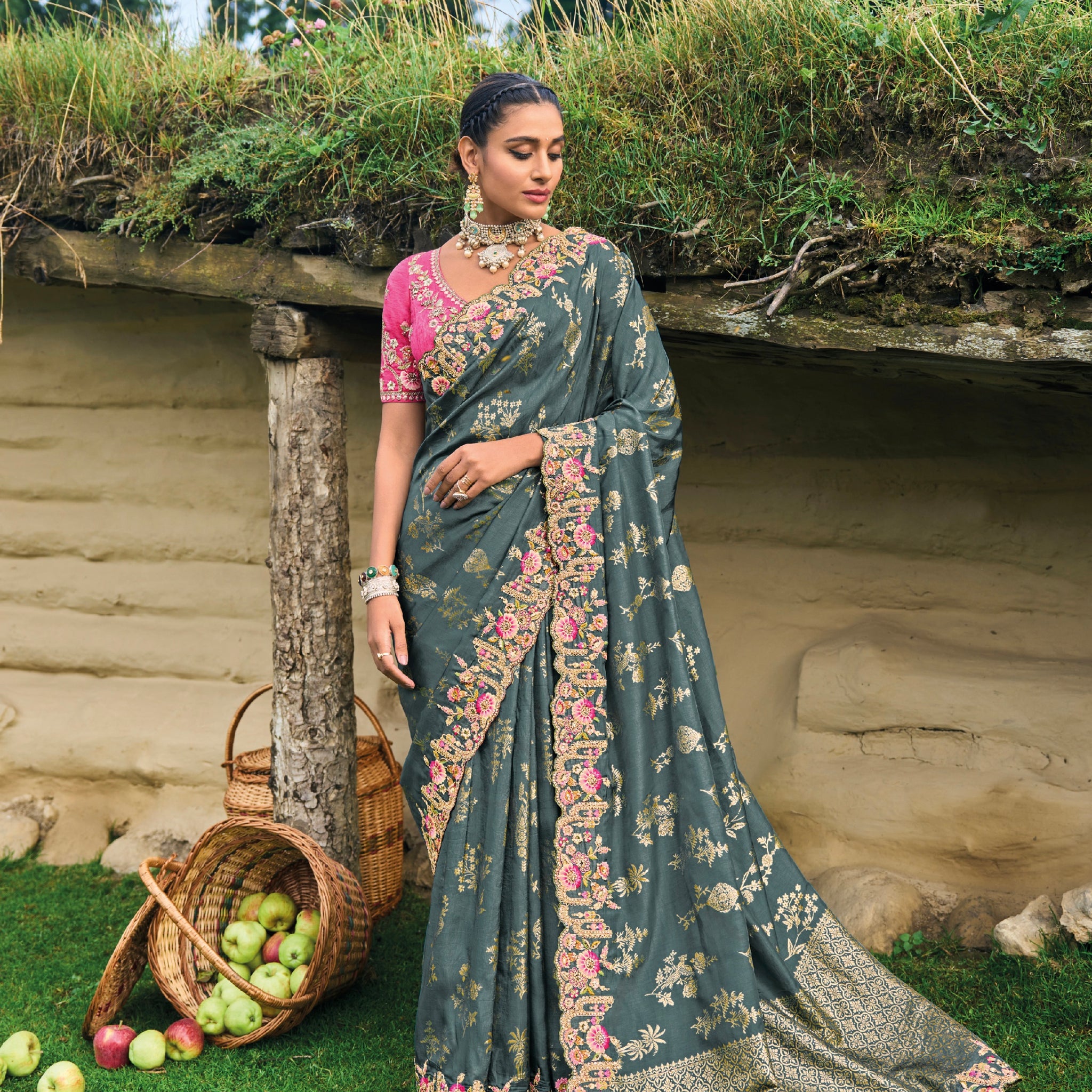 Grey Dola Silk Saree with Intricate Khatli Embroidery