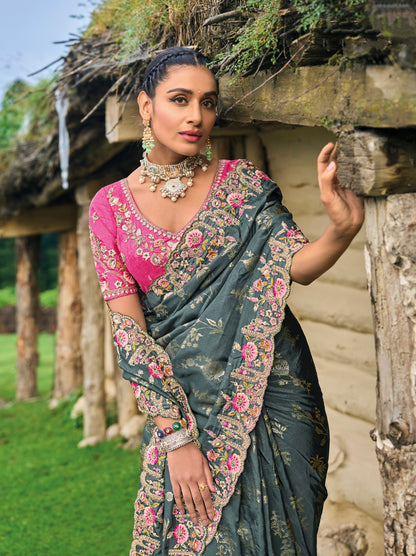 Grey Dola Silk Saree with Intricate Khatli Embroidery
