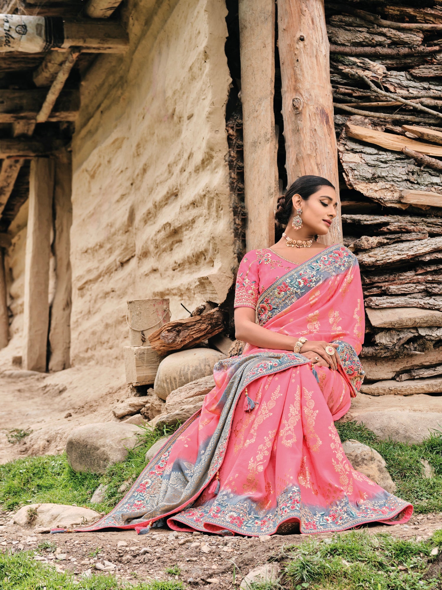 Pink Dola Silk Saree with Intricate Khatli Embroidery