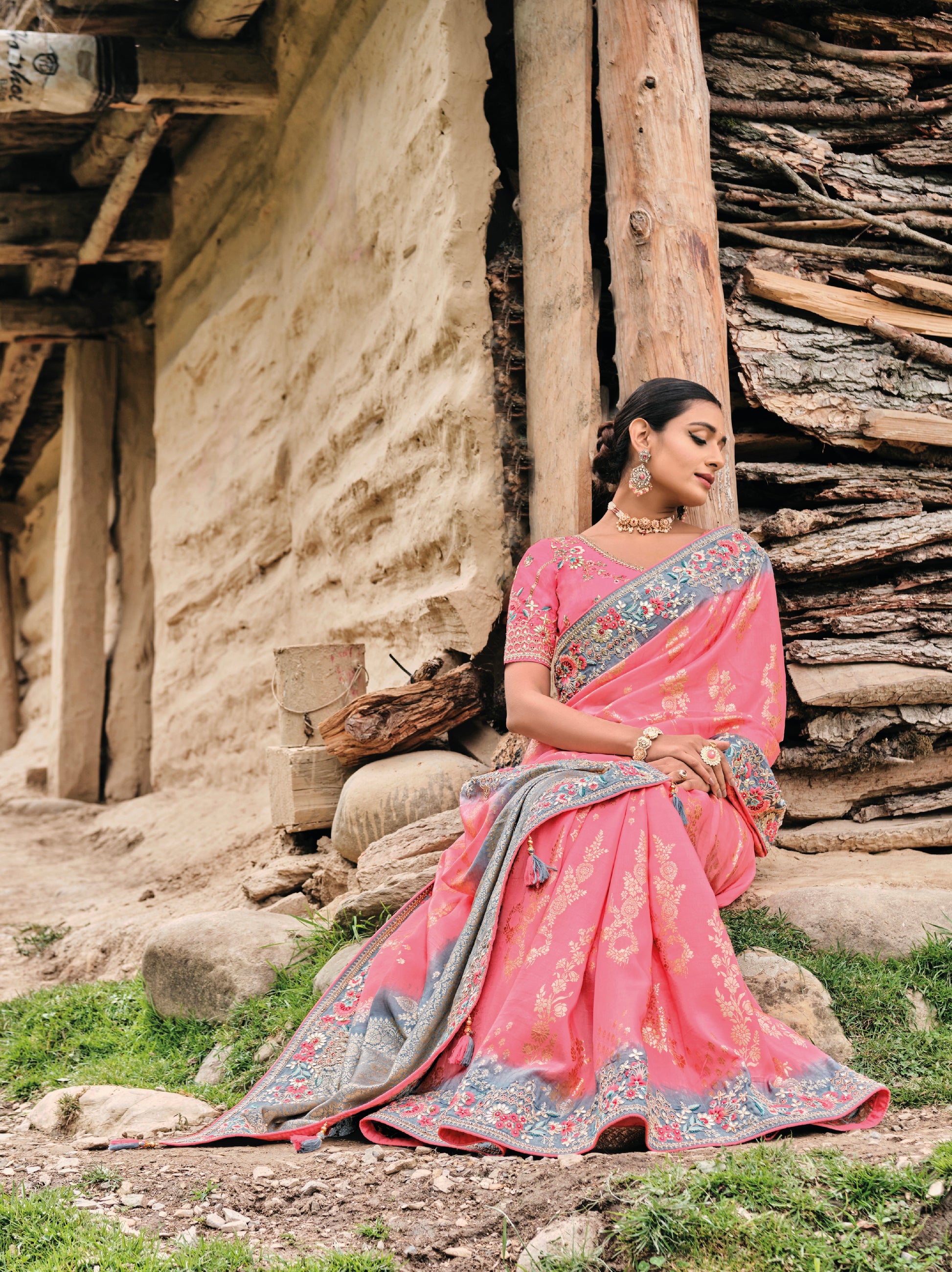 Pink Dola Silk Saree with Intricate Khatli Embroidery