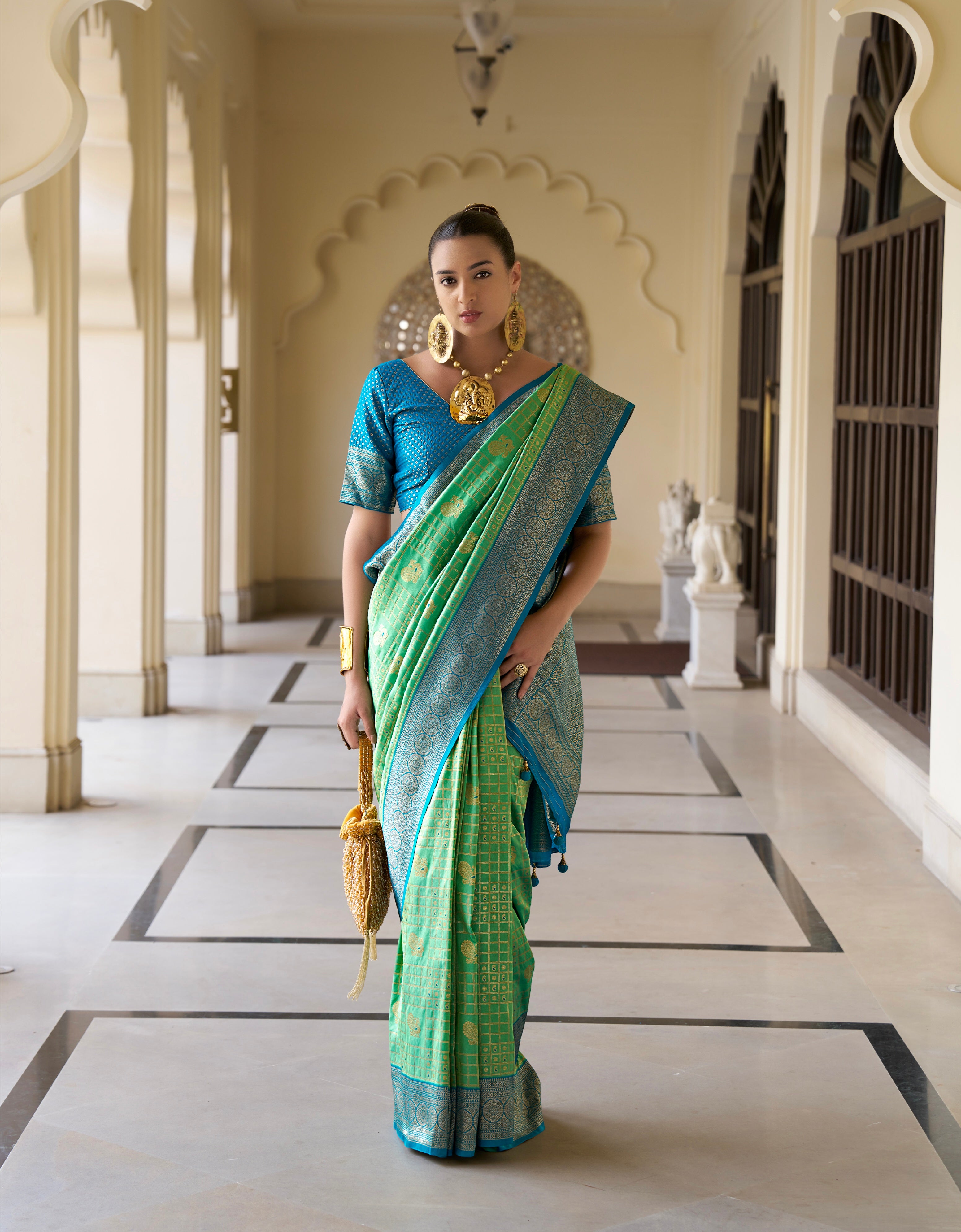 Aqua Green Banarasi Silk Saree with Kanchipuram Weaving 