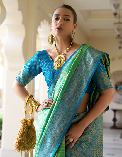 Aqua Green Banarasi Silk Saree with Kanchipuram Weaving 