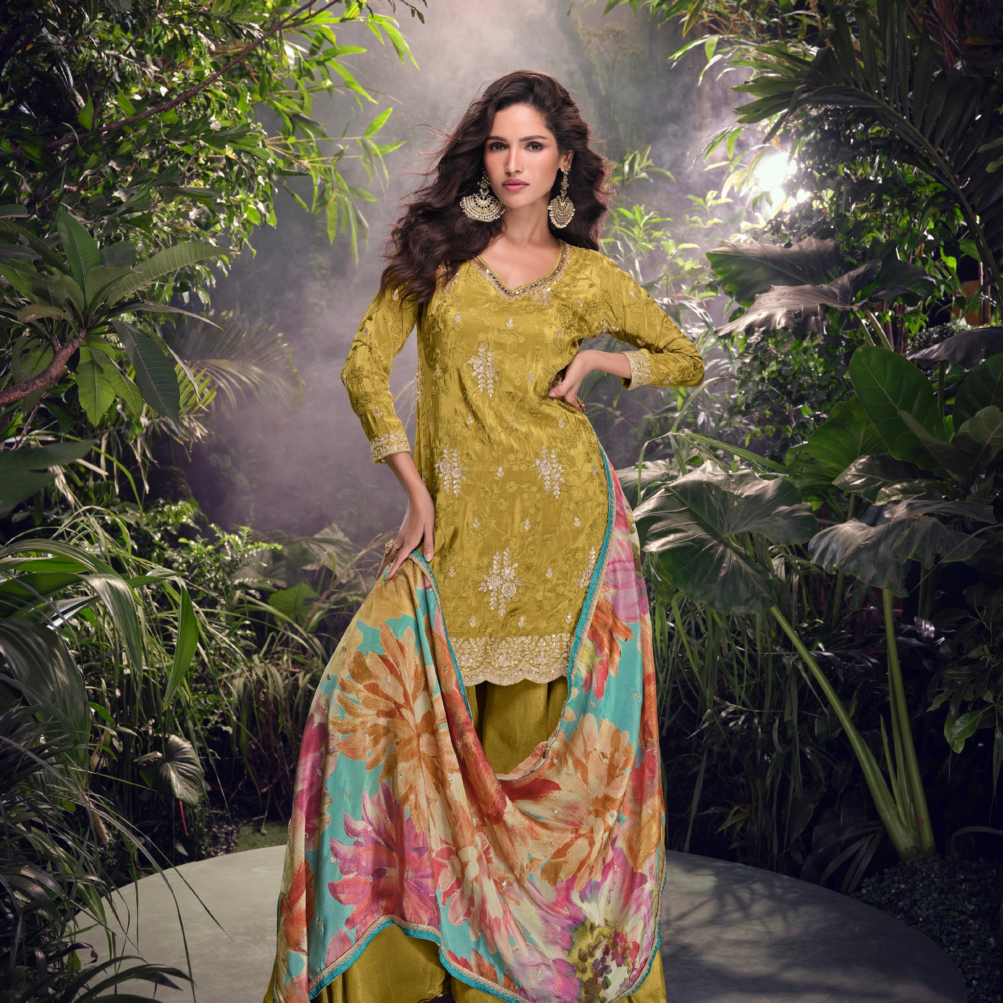 Olive Green Premium Simar Silk Sharara Set