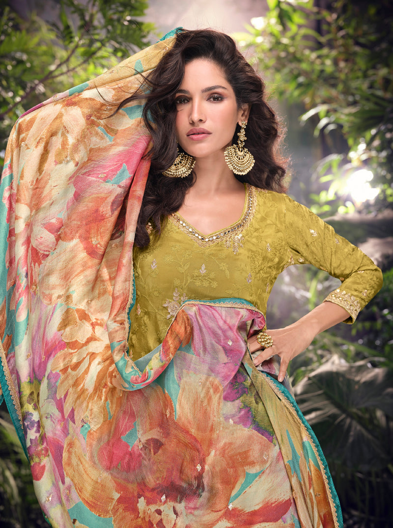 Olive Green Premium Simar Silk Sharara Set