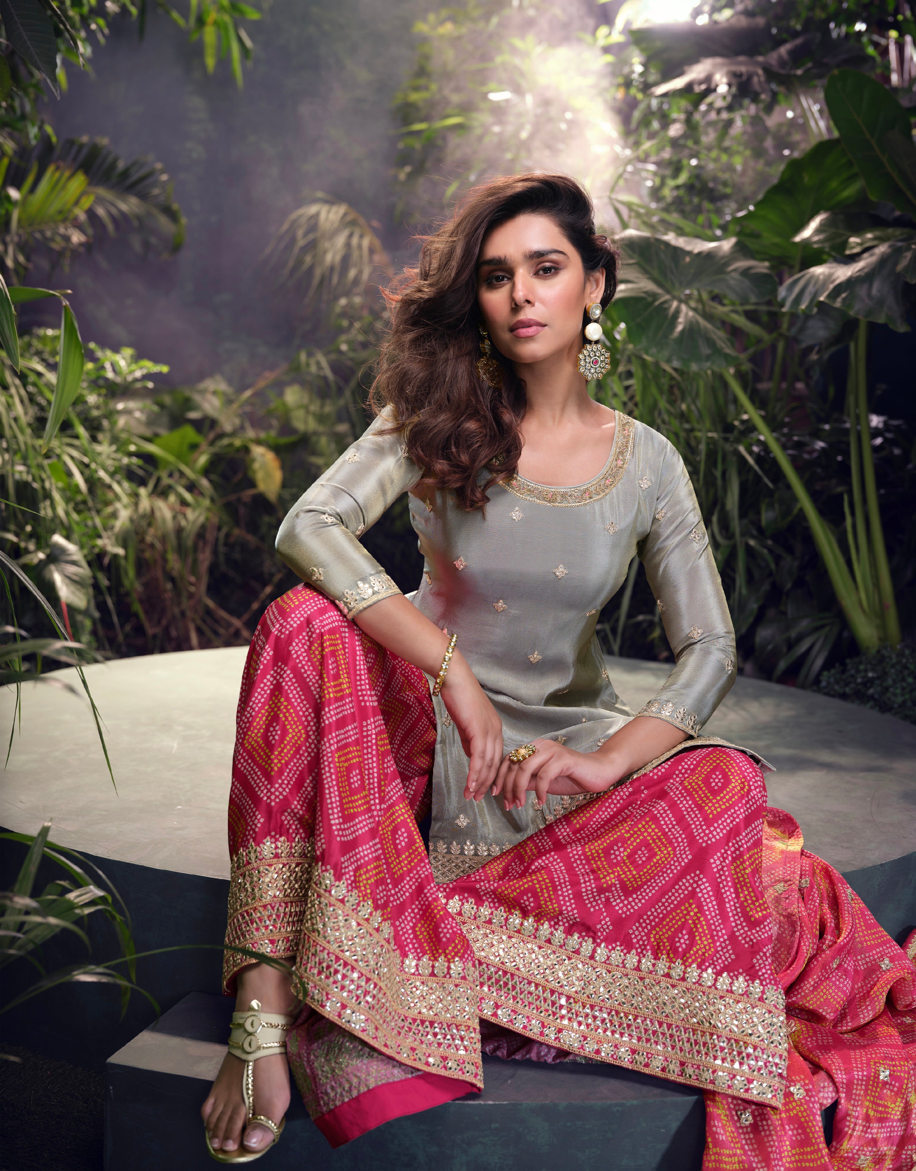 Grey &amp; Pink Premium Chinon Silk Sharara Set