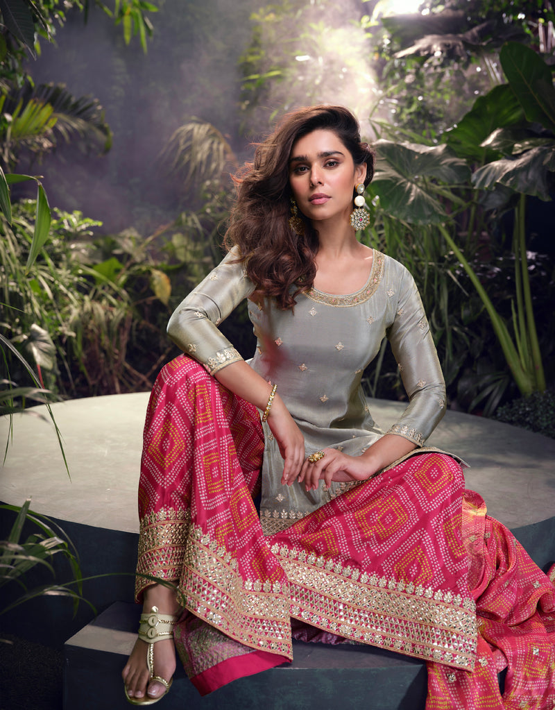 Grey & Pink Premium Chinon Silk Sharara Set