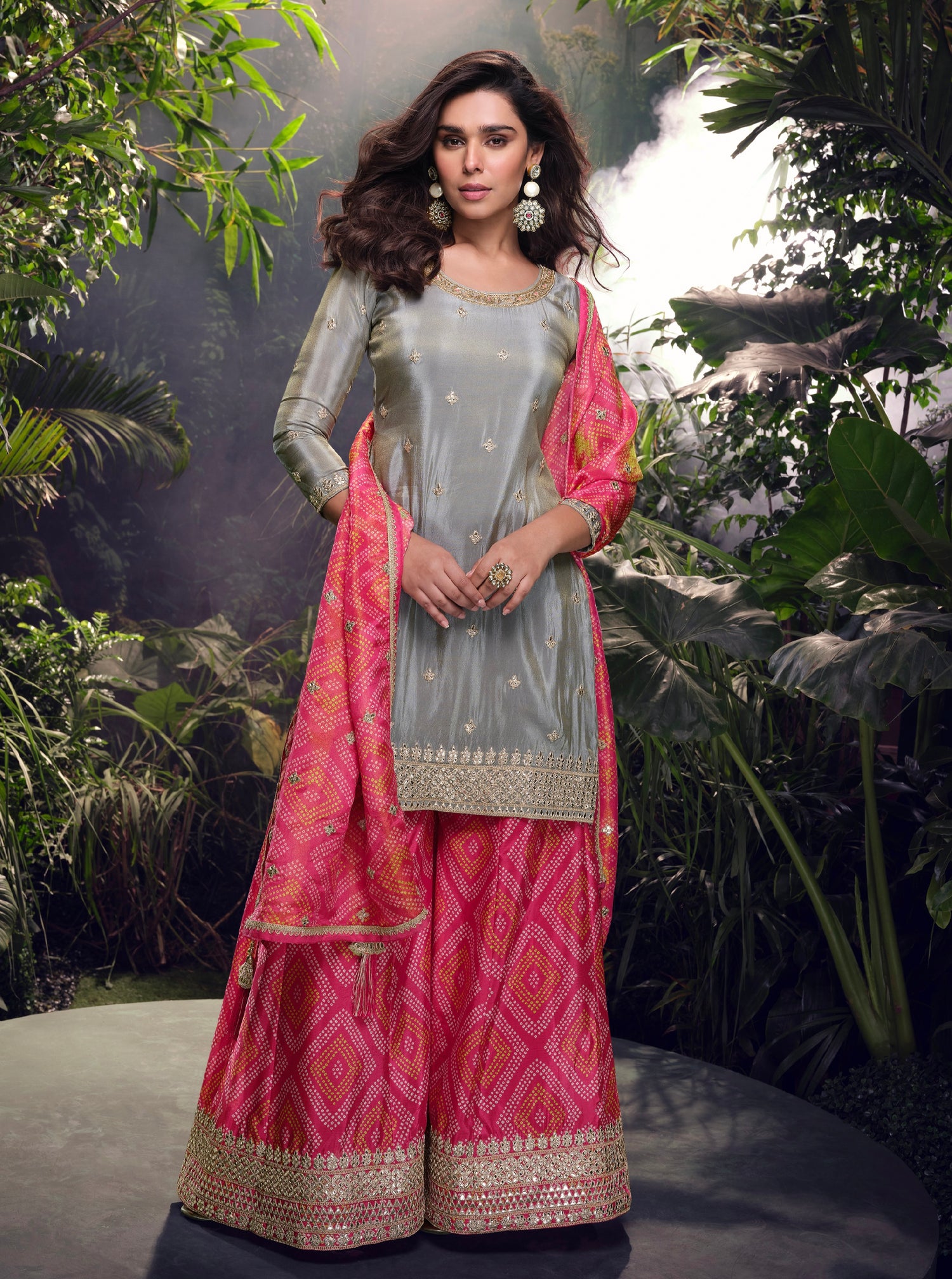 Grey &amp; Pink Premium Chinon Silk Sharara Set