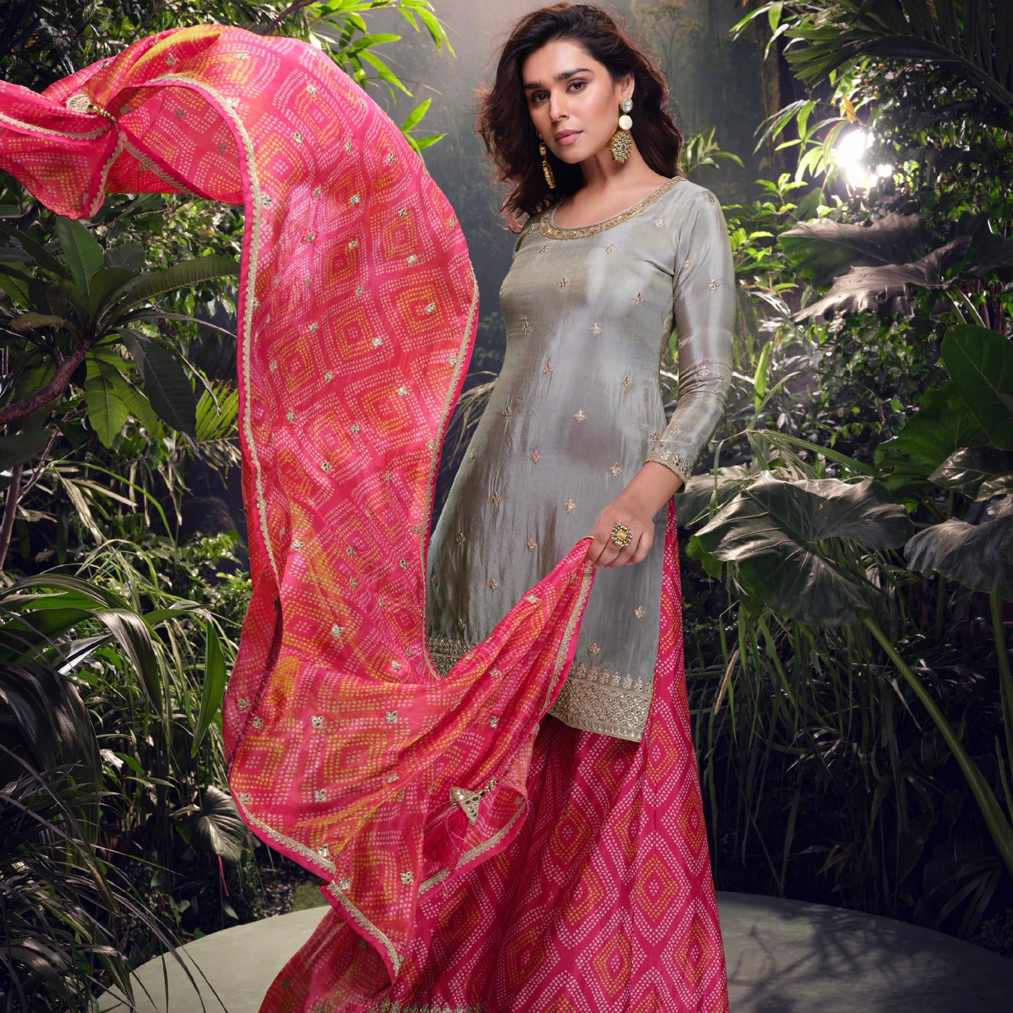 Grey & Pink Premium Chinon Silk Sharara Set
