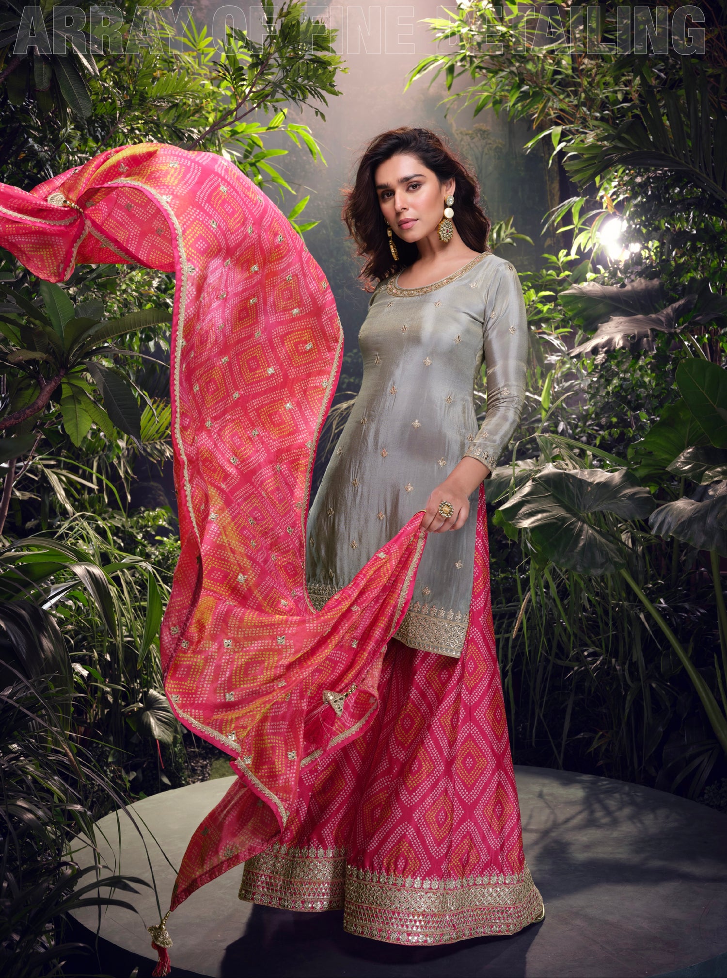 Grey &amp; Pink Premium Chinon Silk Sharara Set