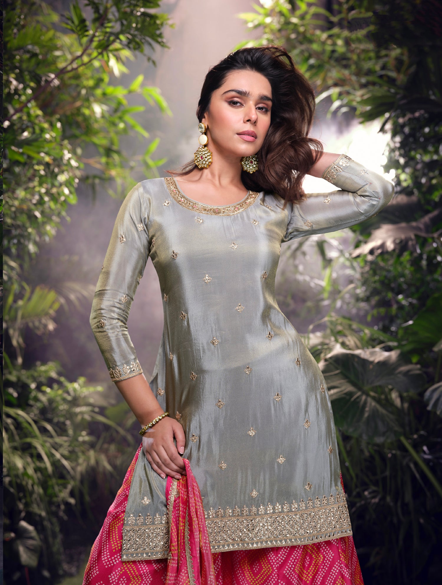 Grey &amp; Pink Premium Chinon Silk Sharara Set