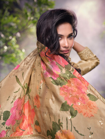 Beige Floral Digital Print Simar Silk Sharara Set