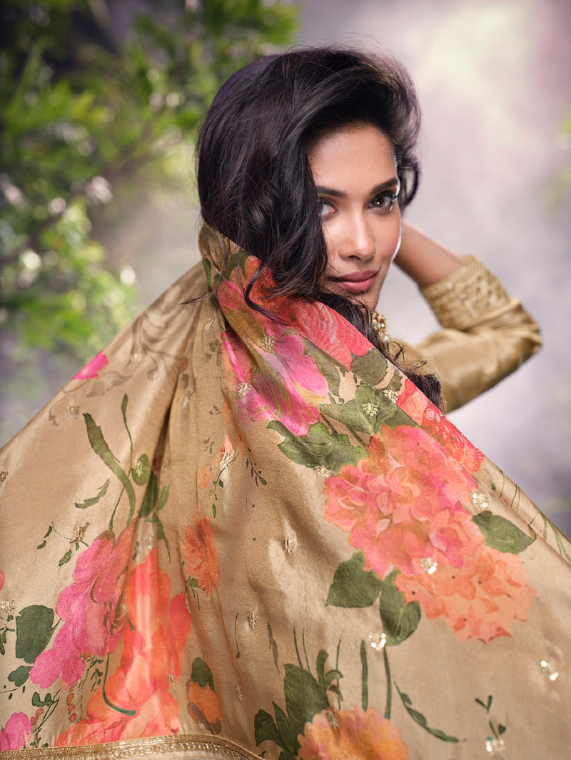 Beige Floral Digital Print Simar Silk Sharara Set