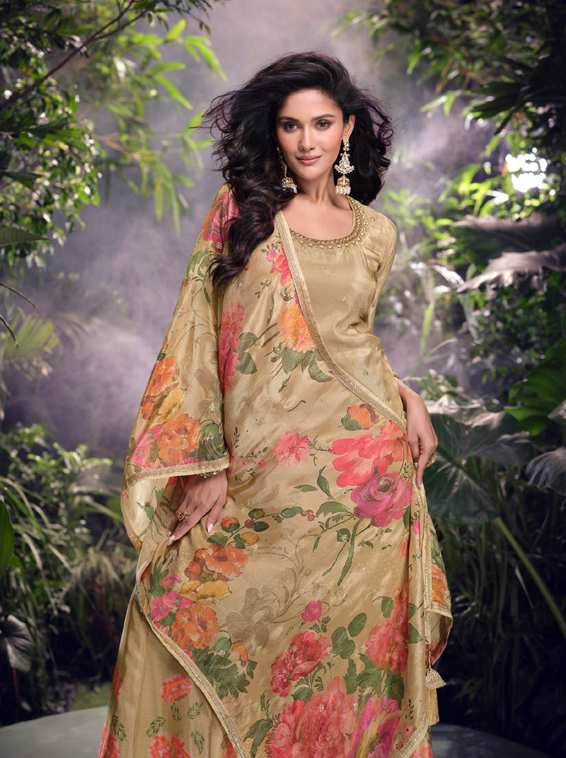 Beige Floral Digital Print Simar Silk Sharara Set