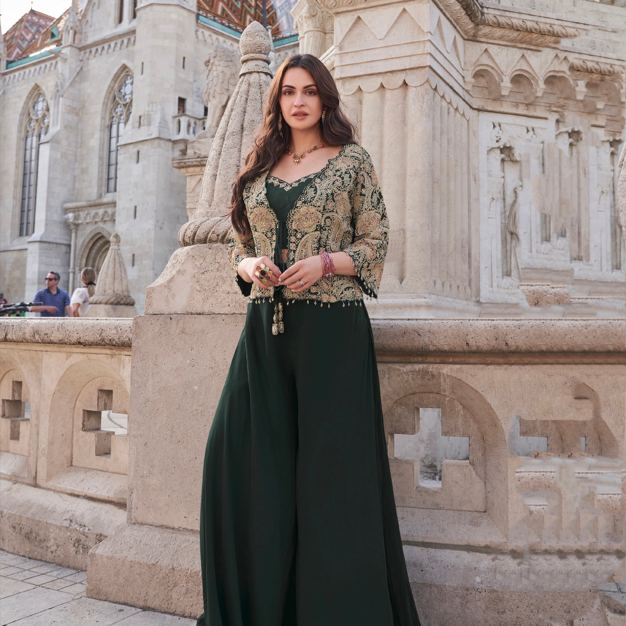 Emerald Green Premium Silk Embroidered Co-Ord Set with Jacket