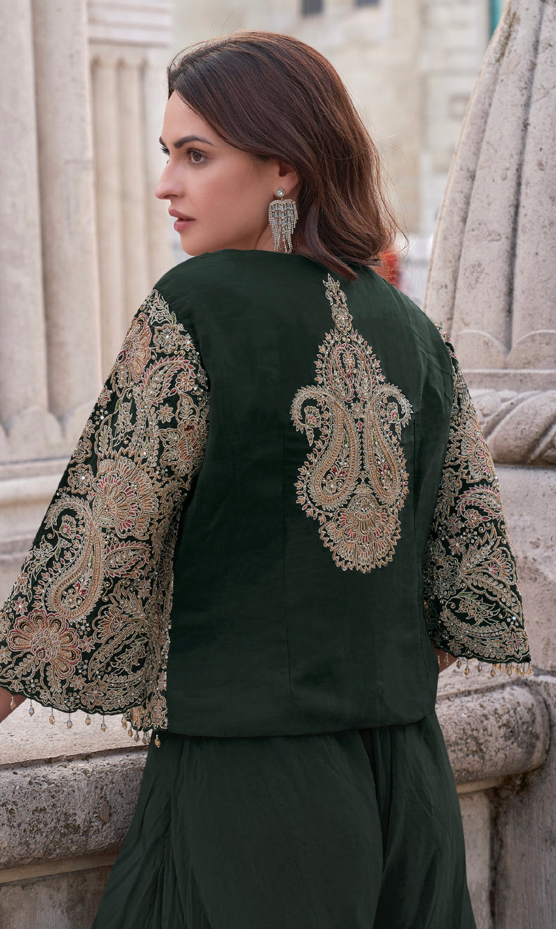 Emerald Green Premium Silk Embroidered Co-Ord Set with Jacket