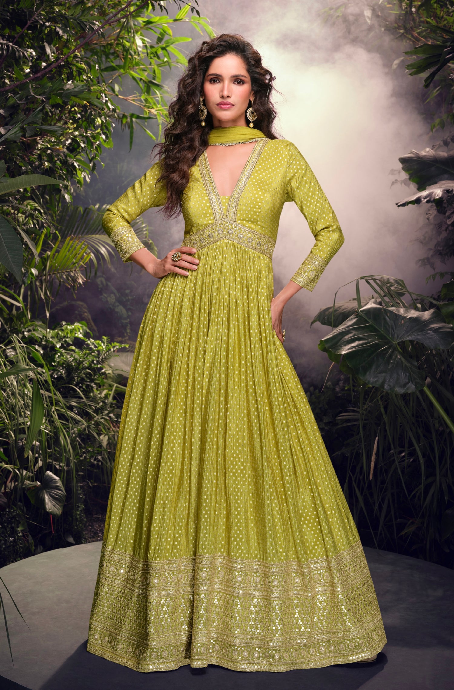 Lime Green Viscose Jacquard Silk Anarkali with Embroidered Net Dupatta Lime Green Viscose Jacquard Silk Anarkali with Embroidered Net Dupatta