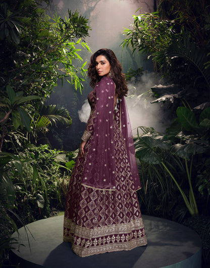 Wine Purple Viscose Jacquard Silk Anarkali &amp; Embroidered Net Dupatta