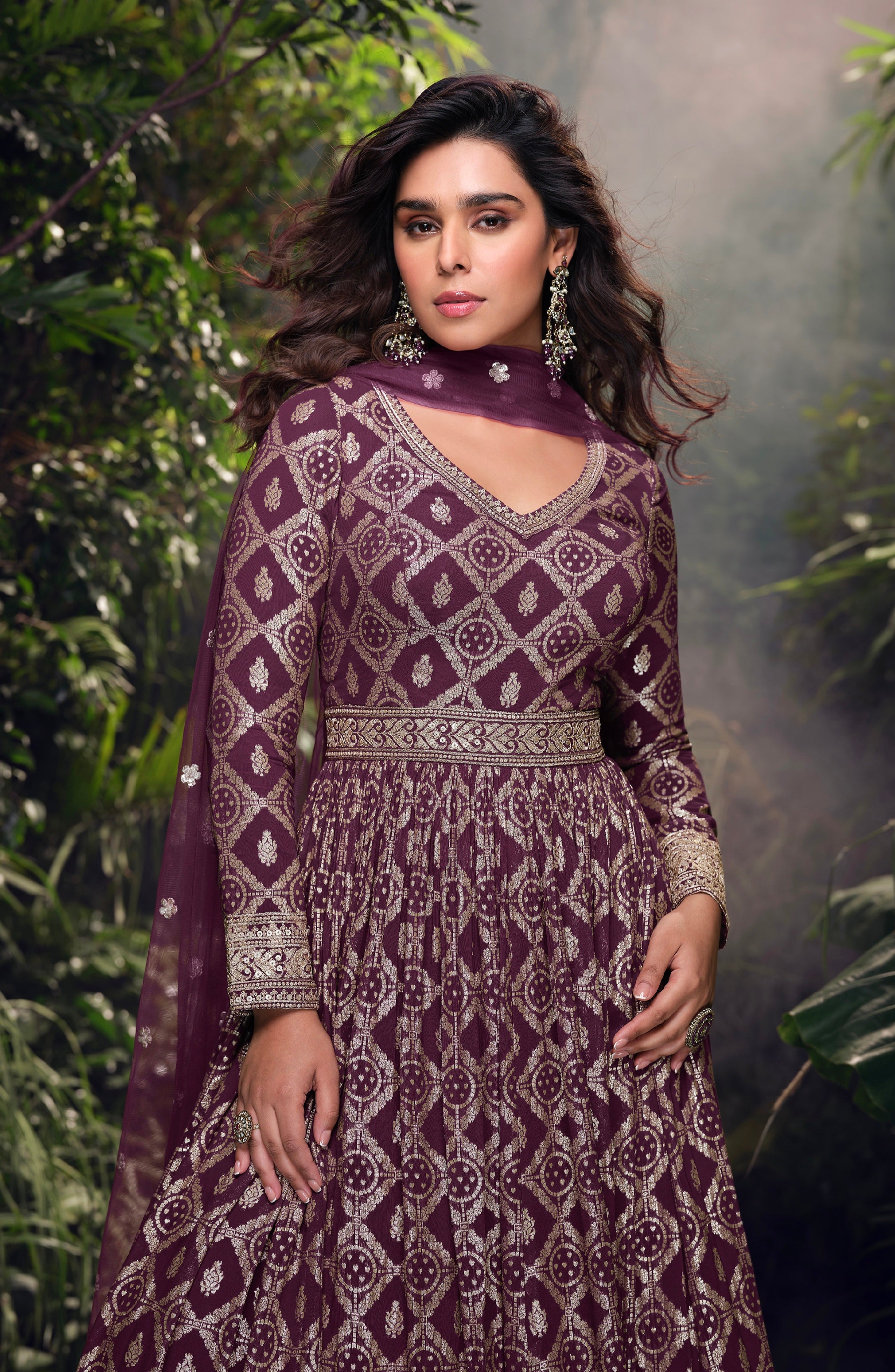 Wine Purple Viscose Jacquard Silk Anarkali &amp; Embroidered Net Dupatta