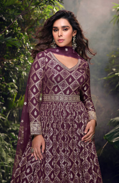 Wine Purple Viscose Jacquard Silk Anarkali &amp; Embroidered Net Dupatta