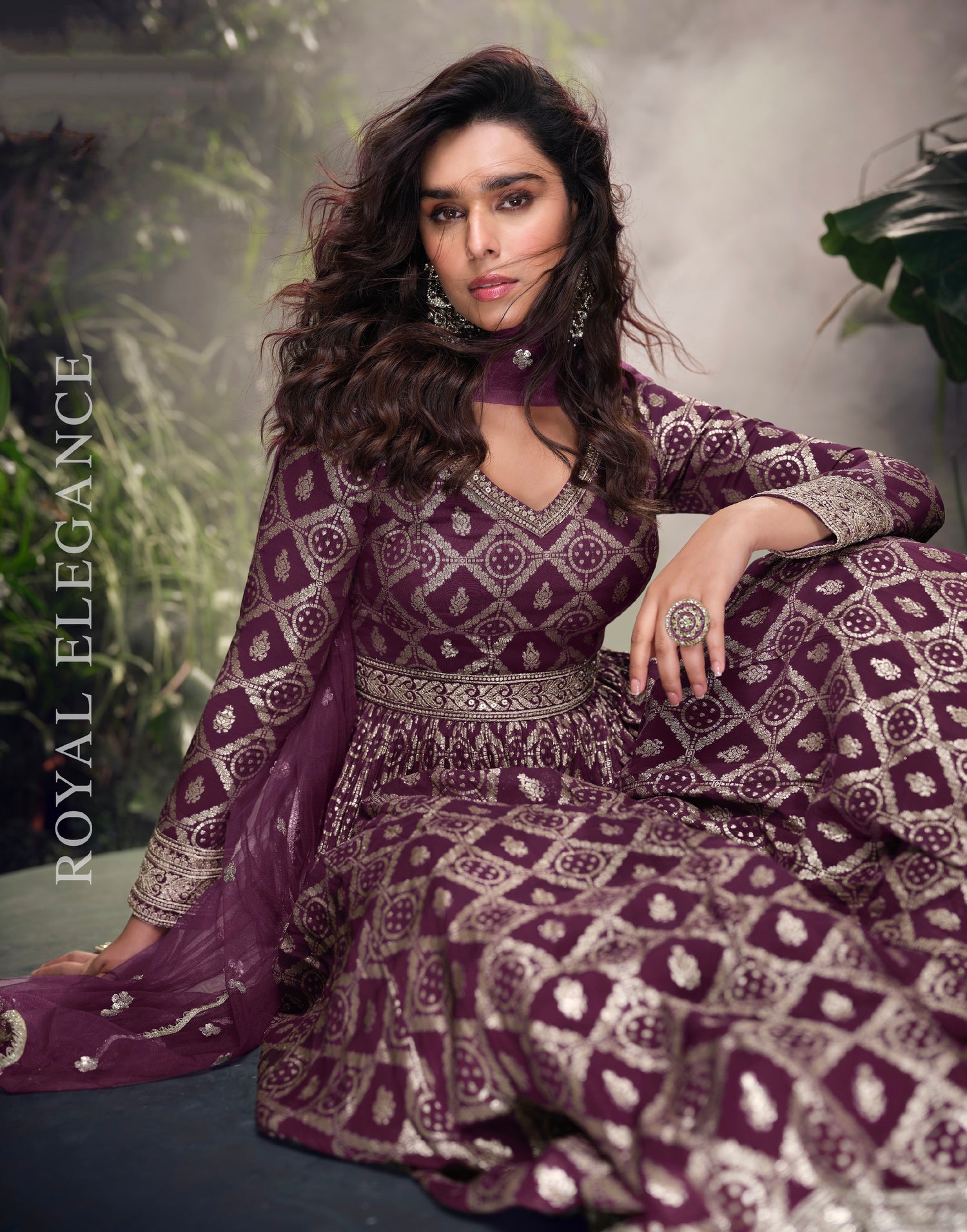 Wine Purple Viscose Jacquard Silk Anarkali &amp; Embroidered Net Dupatta