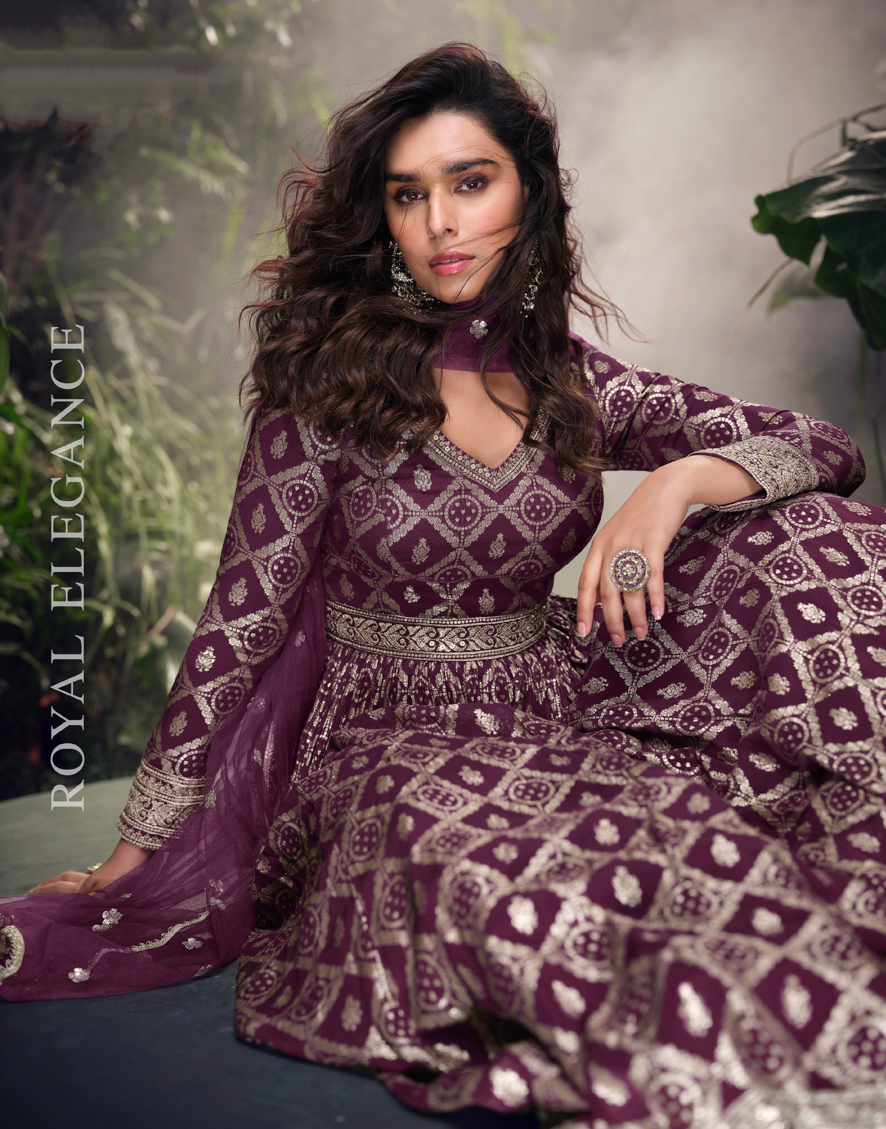 Wine Purple Viscose Jacquard Silk Anarkali &amp; Embroidered Net Dupatta