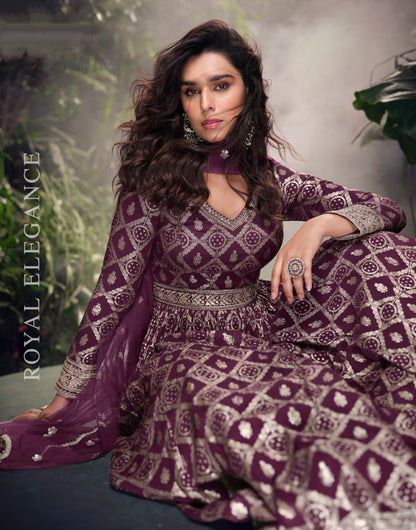 Wine Purple Viscose Jacquard Silk Anarkali &amp; Embroidered Net Dupatta