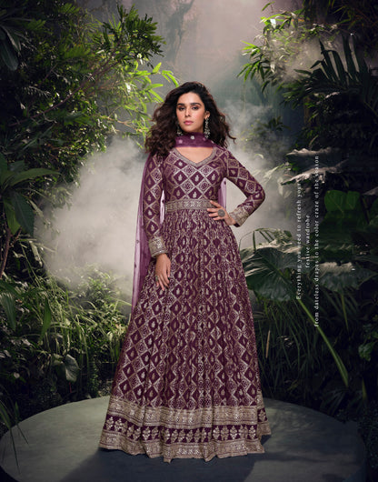 Wine Purple Viscose Jacquard Silk Anarkali &amp; Embroidered Net Dupatta