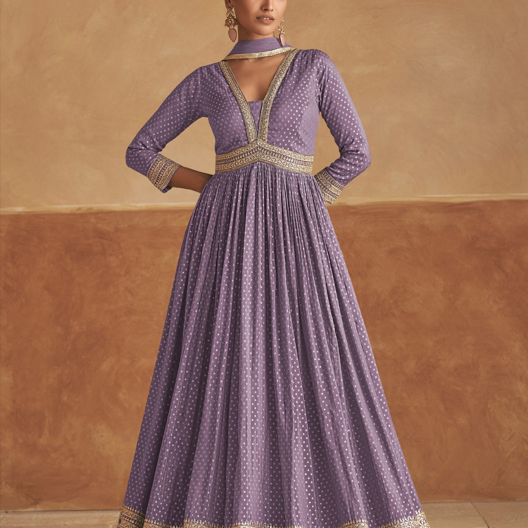 Lavender Pure Viscose Silk Anarkali with Embroidered Net Dupatta