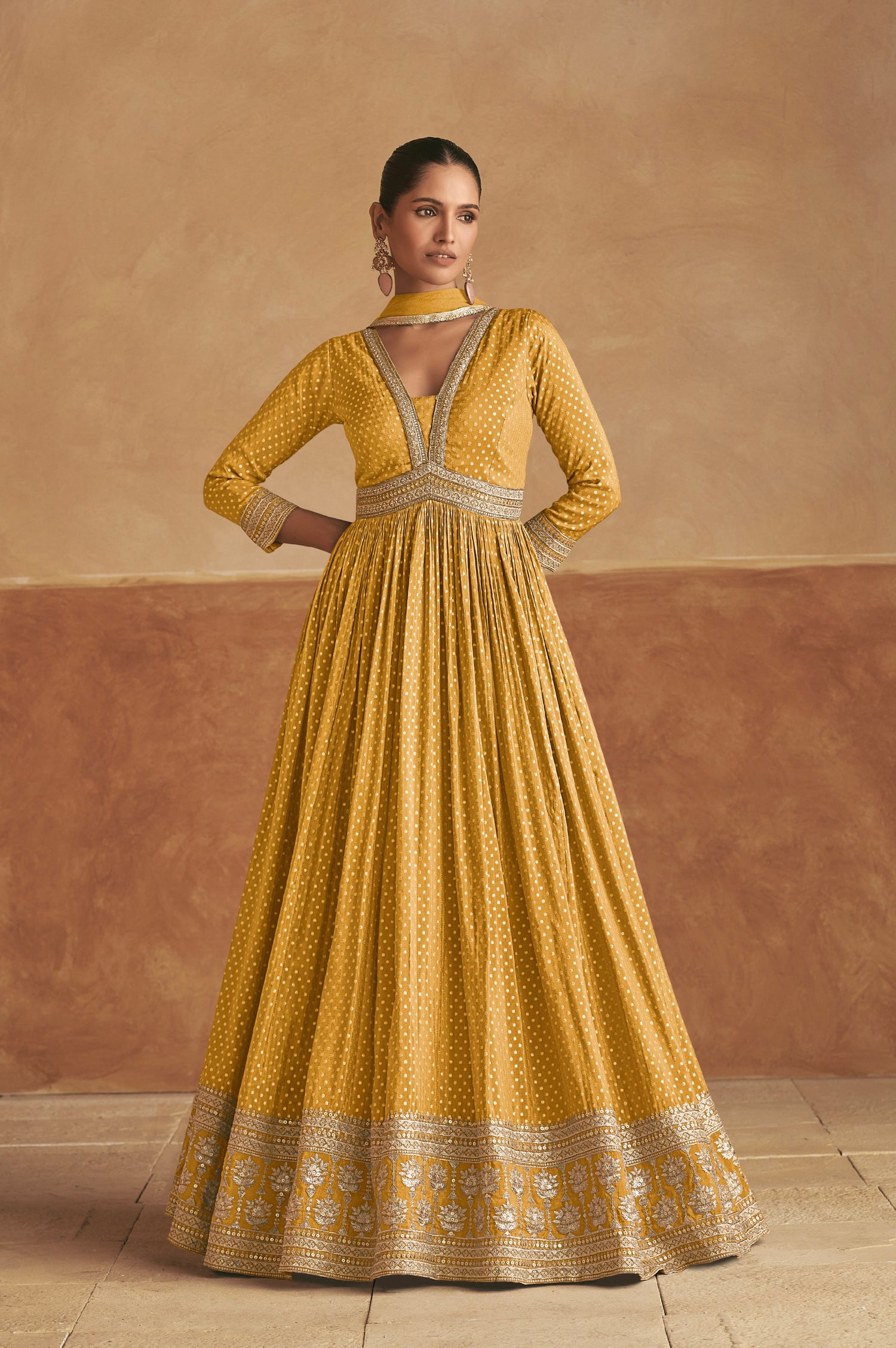 Mustard Yellow Pure Viscose Silk Anarkali &amp; Embroidered Net Dupatta