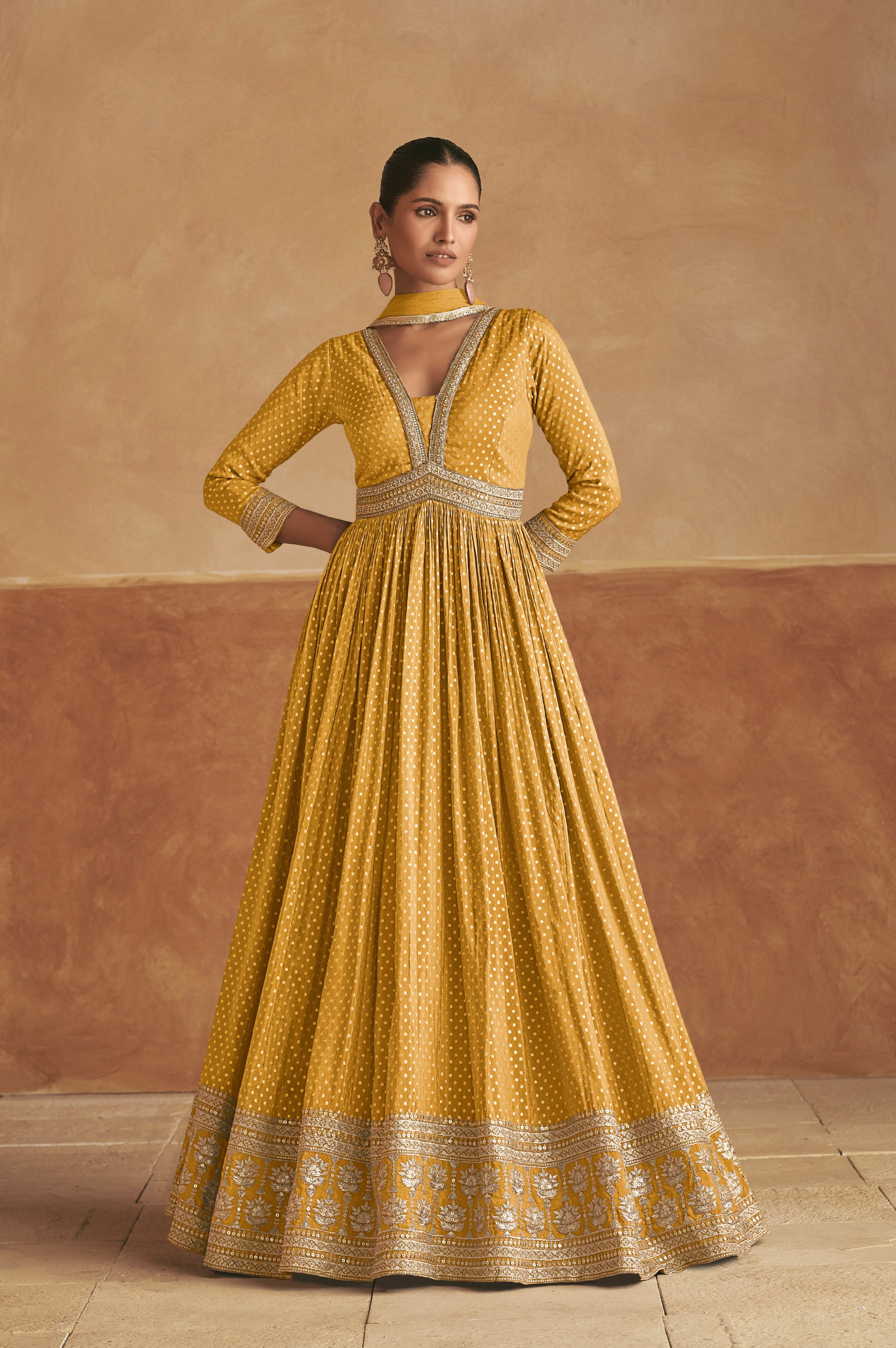 Mustard Yellow Pure Viscose Silk Anarkali &amp; Embroidered Net Dupatta