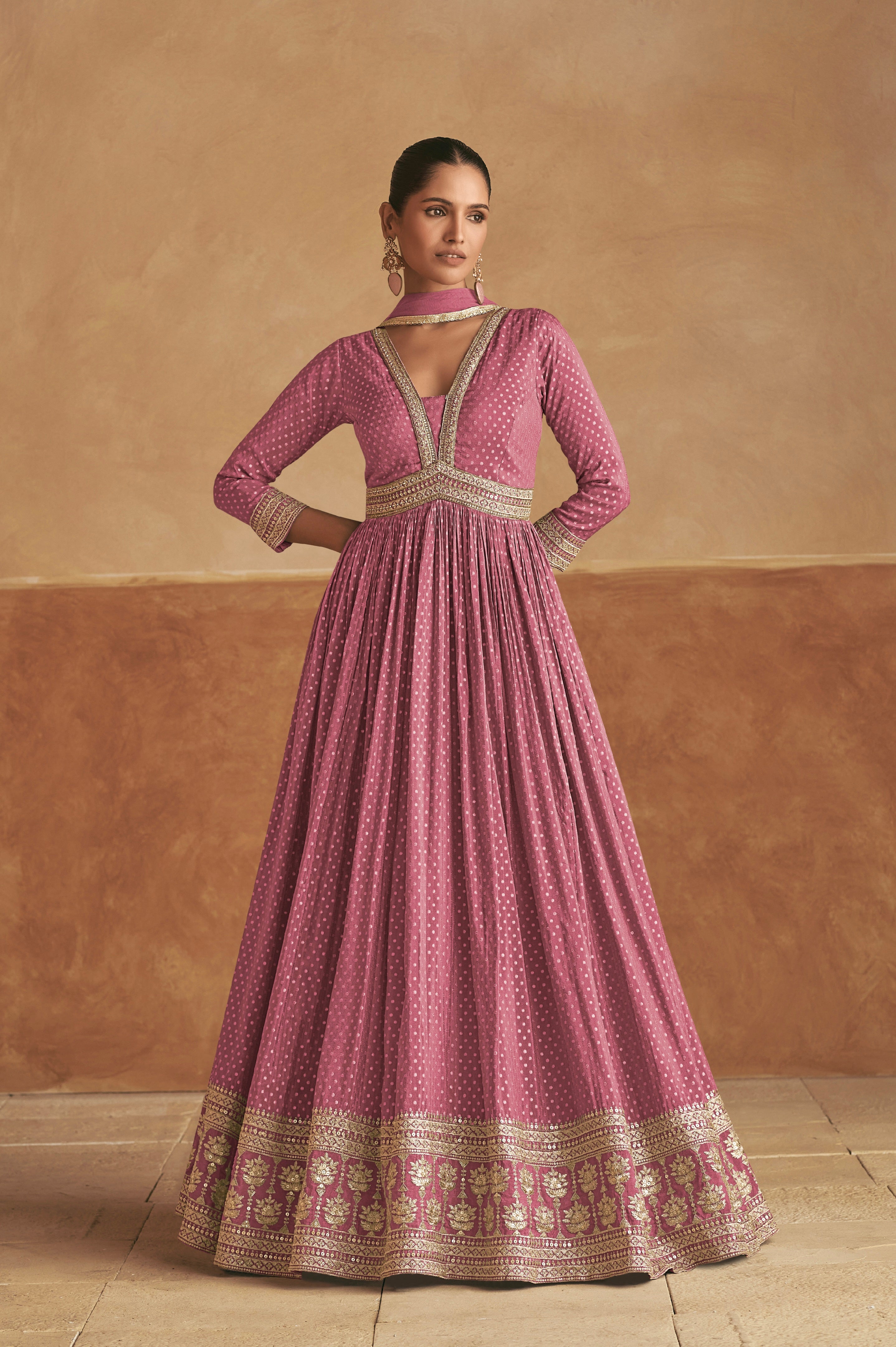 Rose Pink Pure Viscose Silk Anarkali with Embroidered Net Dupatta