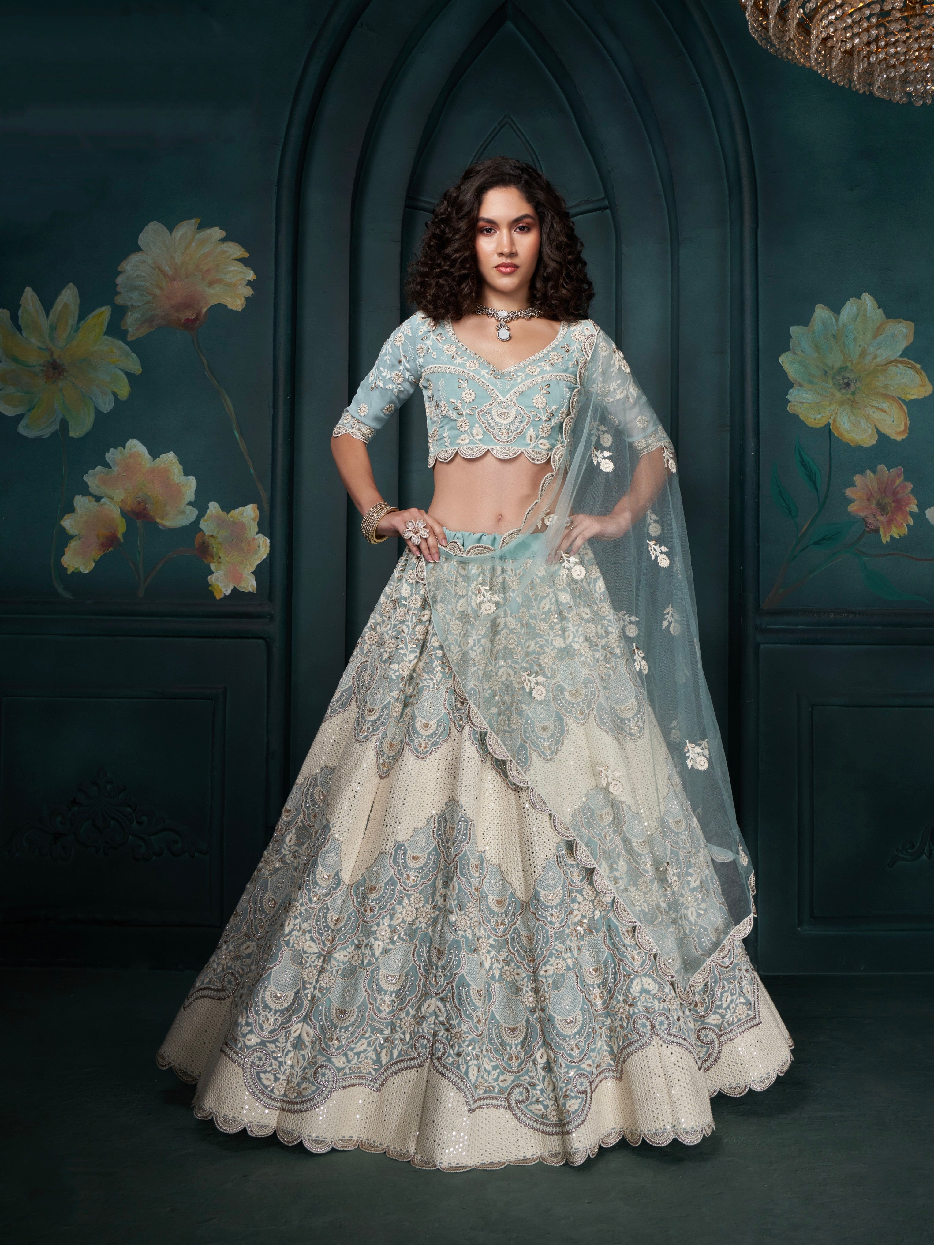 Firozi Georgette Lehenga with Heavy Embroidery, Sequins &amp; Cording Work
