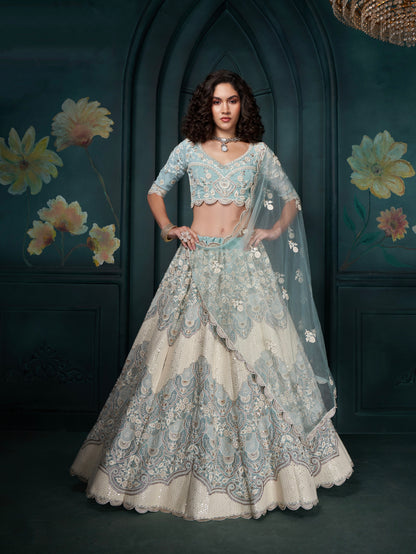 Firozi Georgette Lehenga with Heavy Embroidery, Sequins &amp; Cording Work
