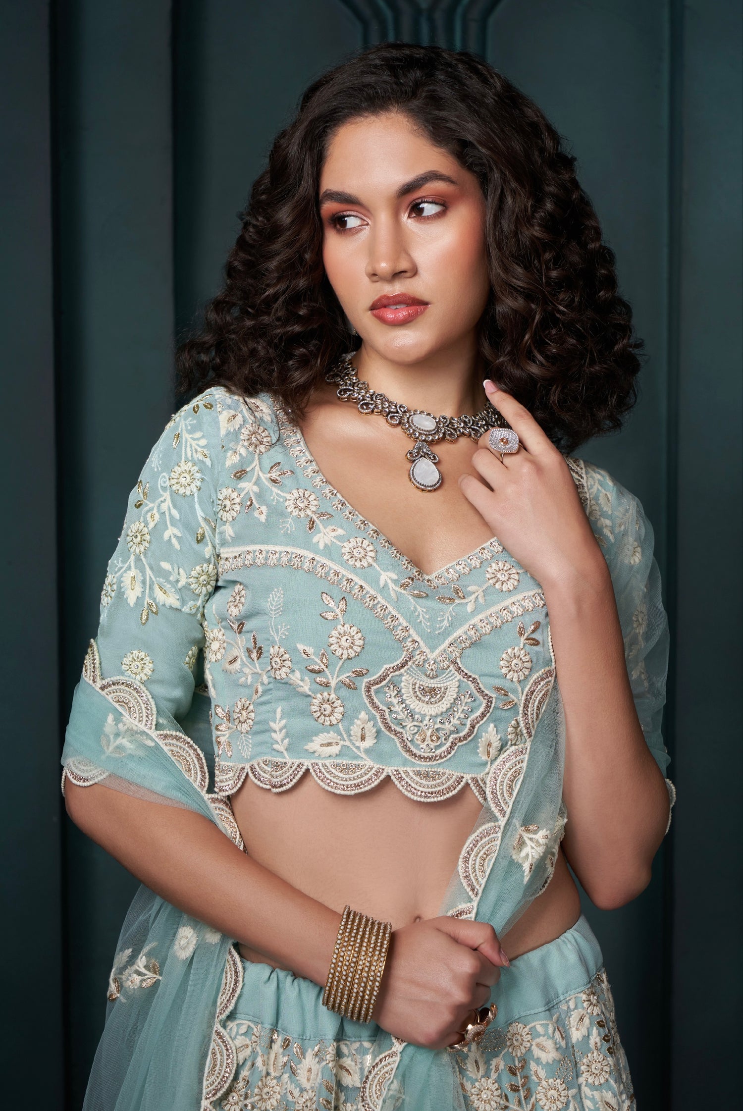 Firozi Georgette Lehenga with Heavy Embroidery, Sequins &amp; Cording Work