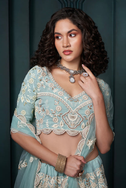 Firozi Georgette Lehenga with Heavy Embroidery, Sequins &amp; Cording Work