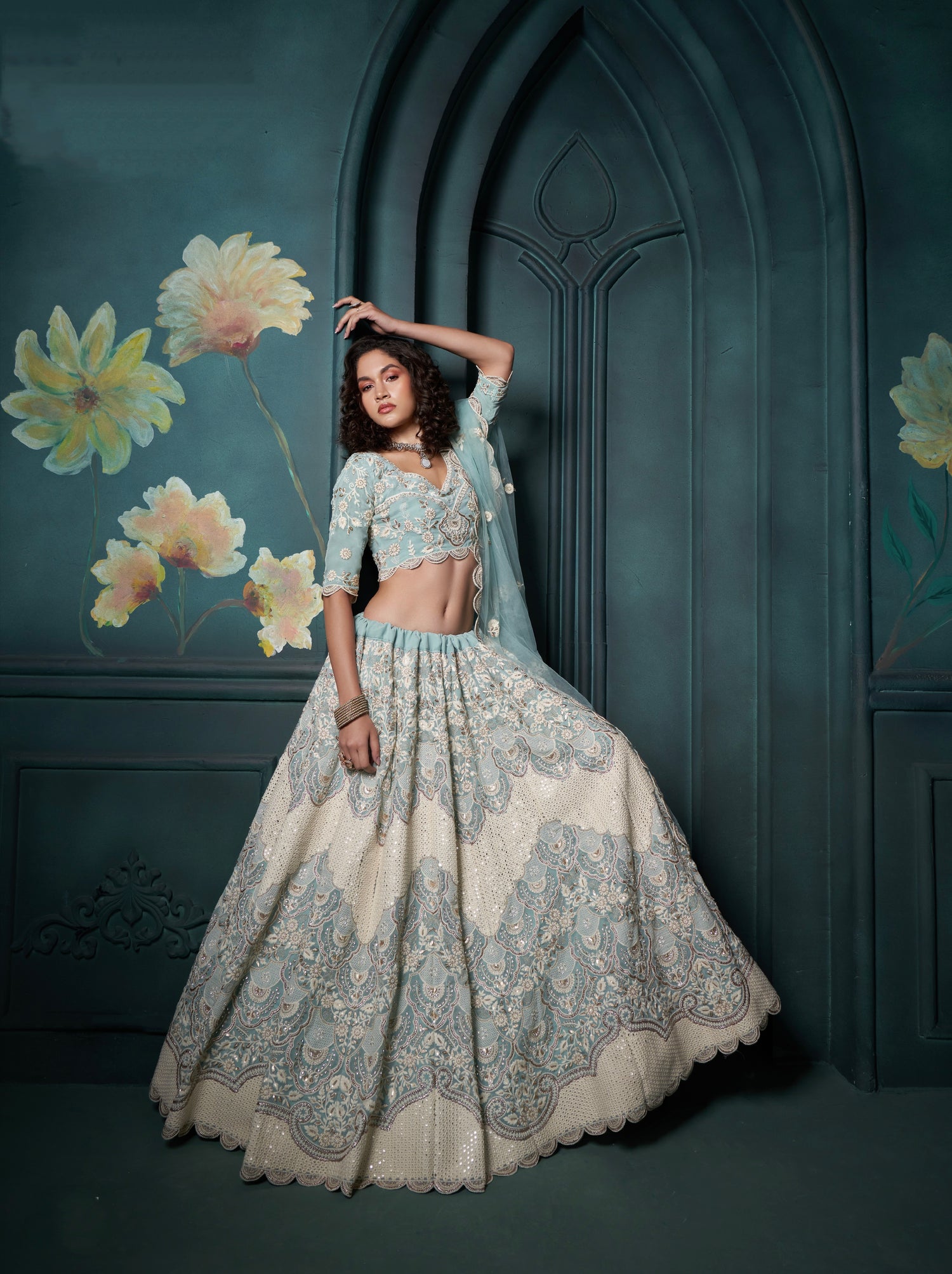 Firozi Georgette Lehenga with Heavy Embroidery, Sequins &amp; Cording Work