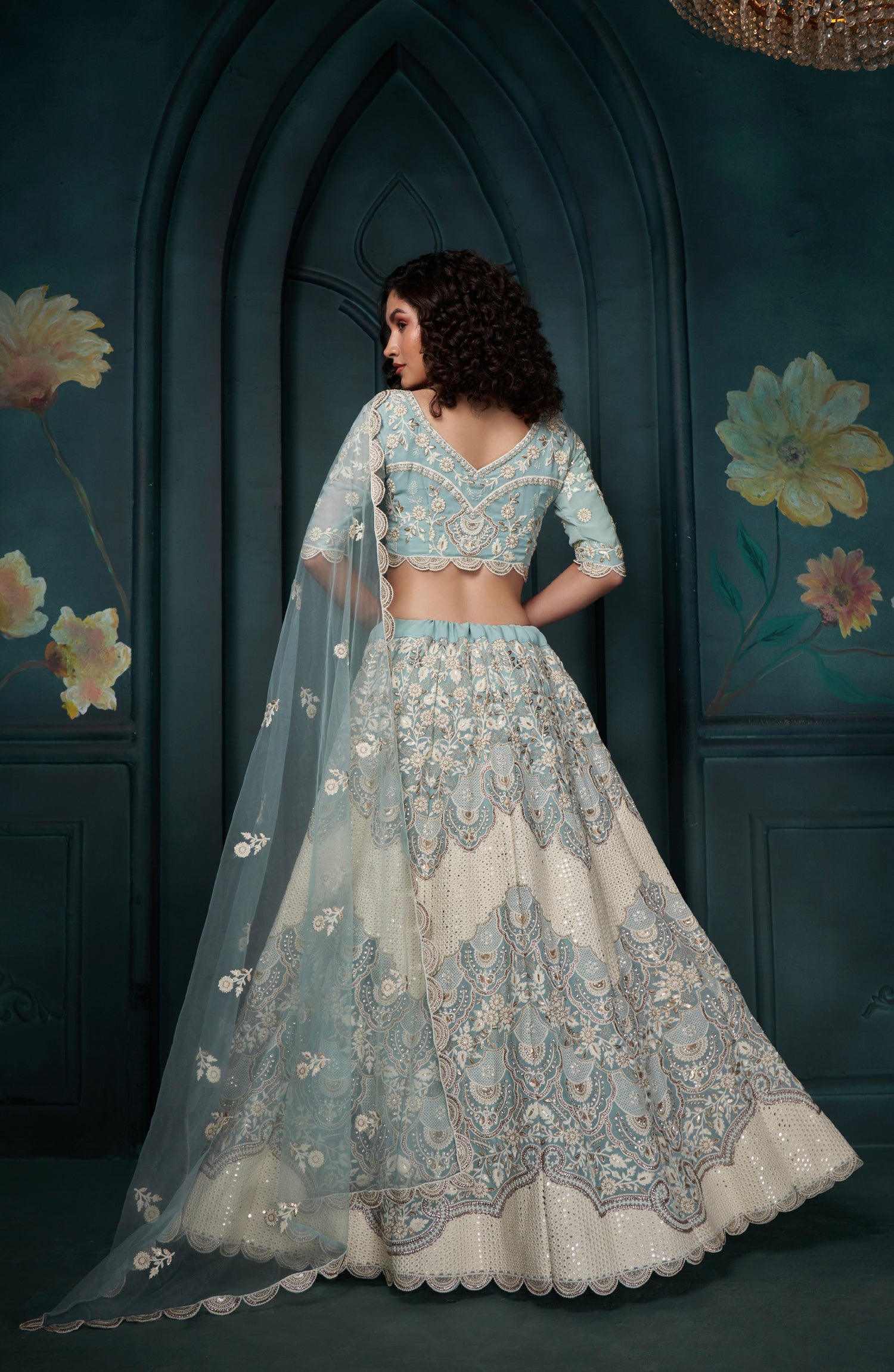 Firozi Georgette Lehenga with Heavy Embroidery, Sequins &amp; Cording Work